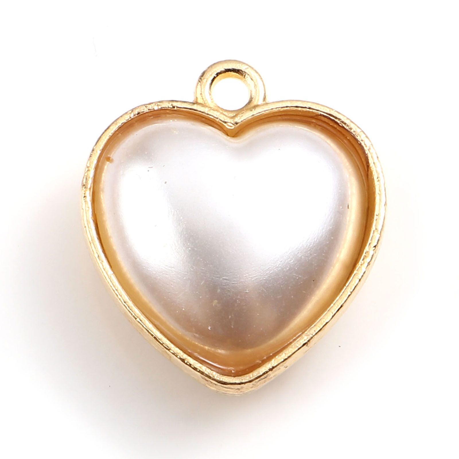 Picture of Zinc Based Alloy & Acrylic Valentine's Day Charms Heart Gold Plated White Imitation Pearl 18.5mm x 16mm, 5 PCs