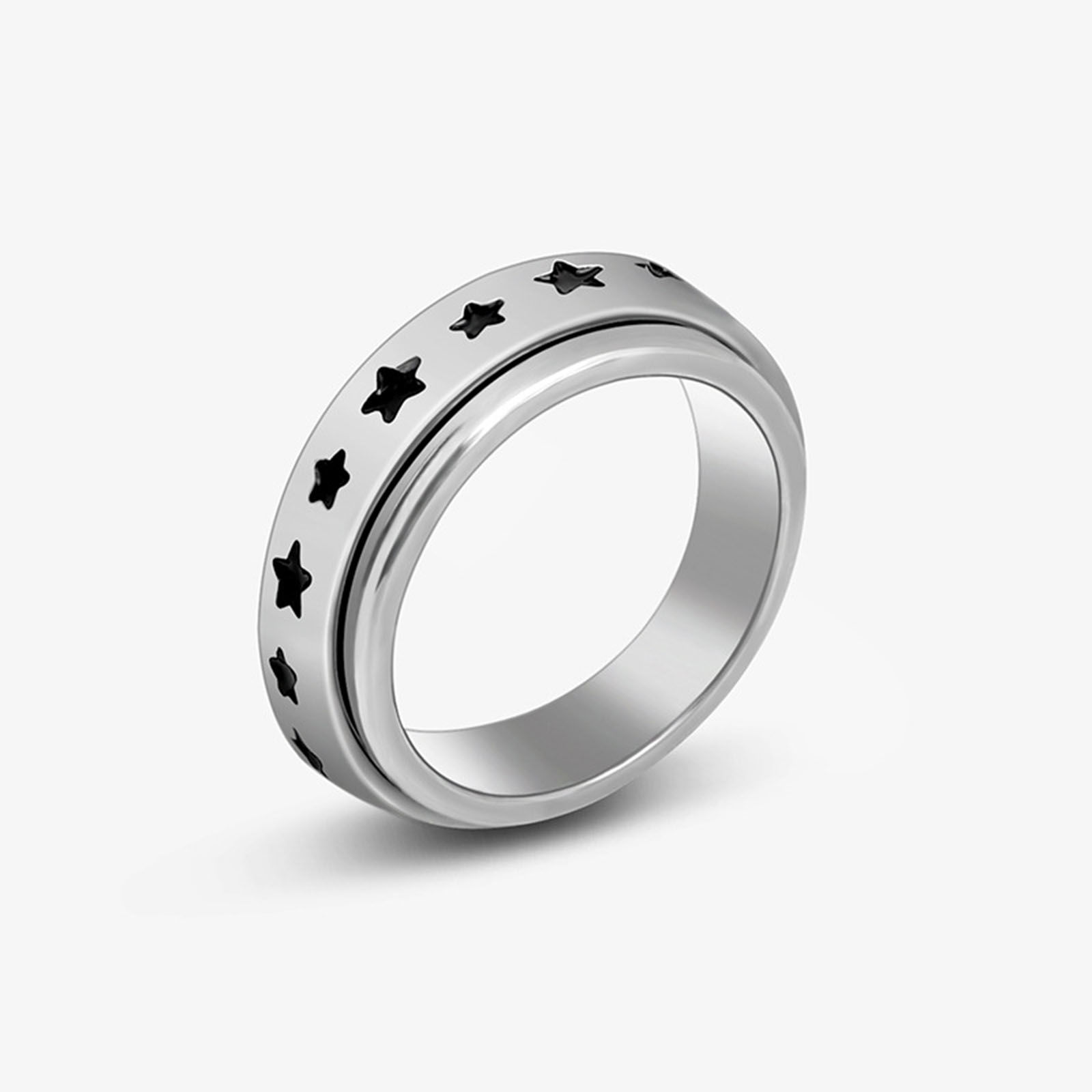 Picture of Stainless Steel Unadjustable Spinner Rings Fidget Ring Stress Relieving Anxiety Ring Silver Tone Black Rotatable Star Enamel 19.8mm(US Size 10), 1 Piece