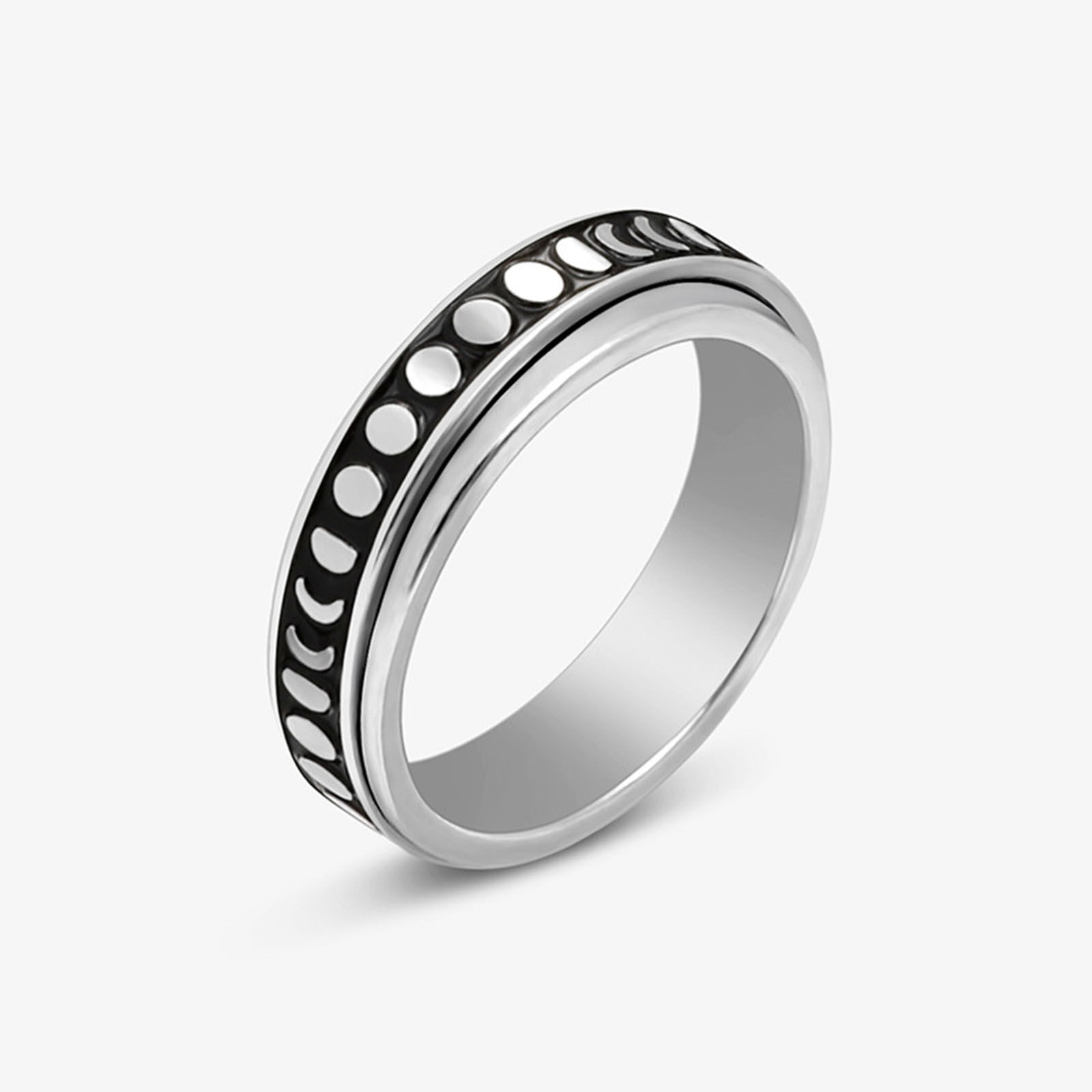 Picture of Stainless Steel Unadjustable Spinner Rings Fidget Ring Stress Relieving Anxiety Ring Silver Tone Black Rotatable Half Moon Enamel 17.3mm(US Size 7), 1 Piece