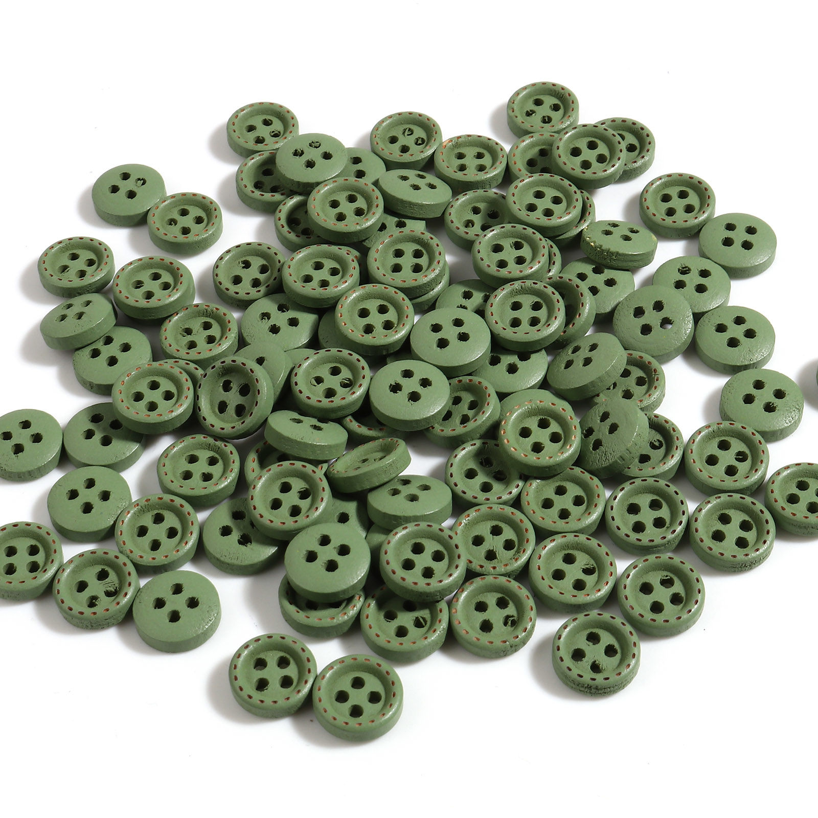 Picture of Wood Sewing Buttons Scrapbooking 4 Holes Round Army Green 10mm Dia., 100 PCs