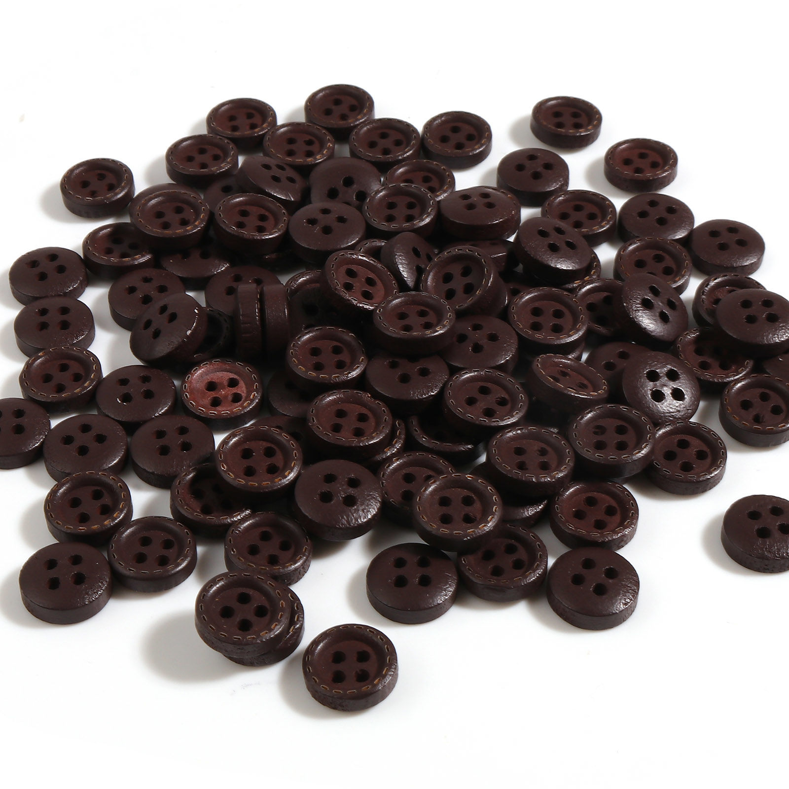Picture of Wood Sewing Buttons Scrapbooking 4 Holes Round Dark Coffee 10mm Dia., 100 PCs