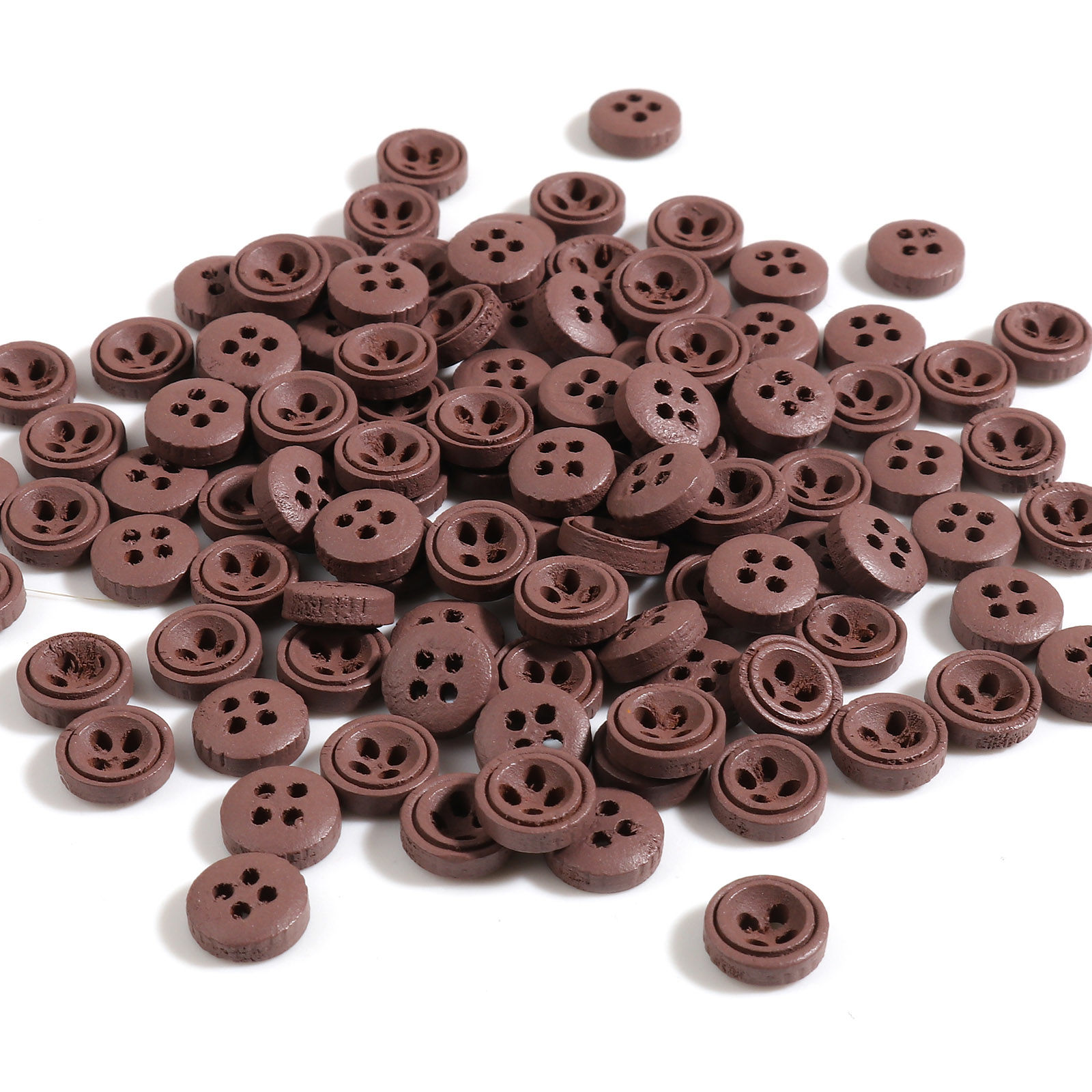 Picture of Wood Sewing Buttons Scrapbooking 4 Holes Round Dark Coffee 9mm Dia., 100 PCs