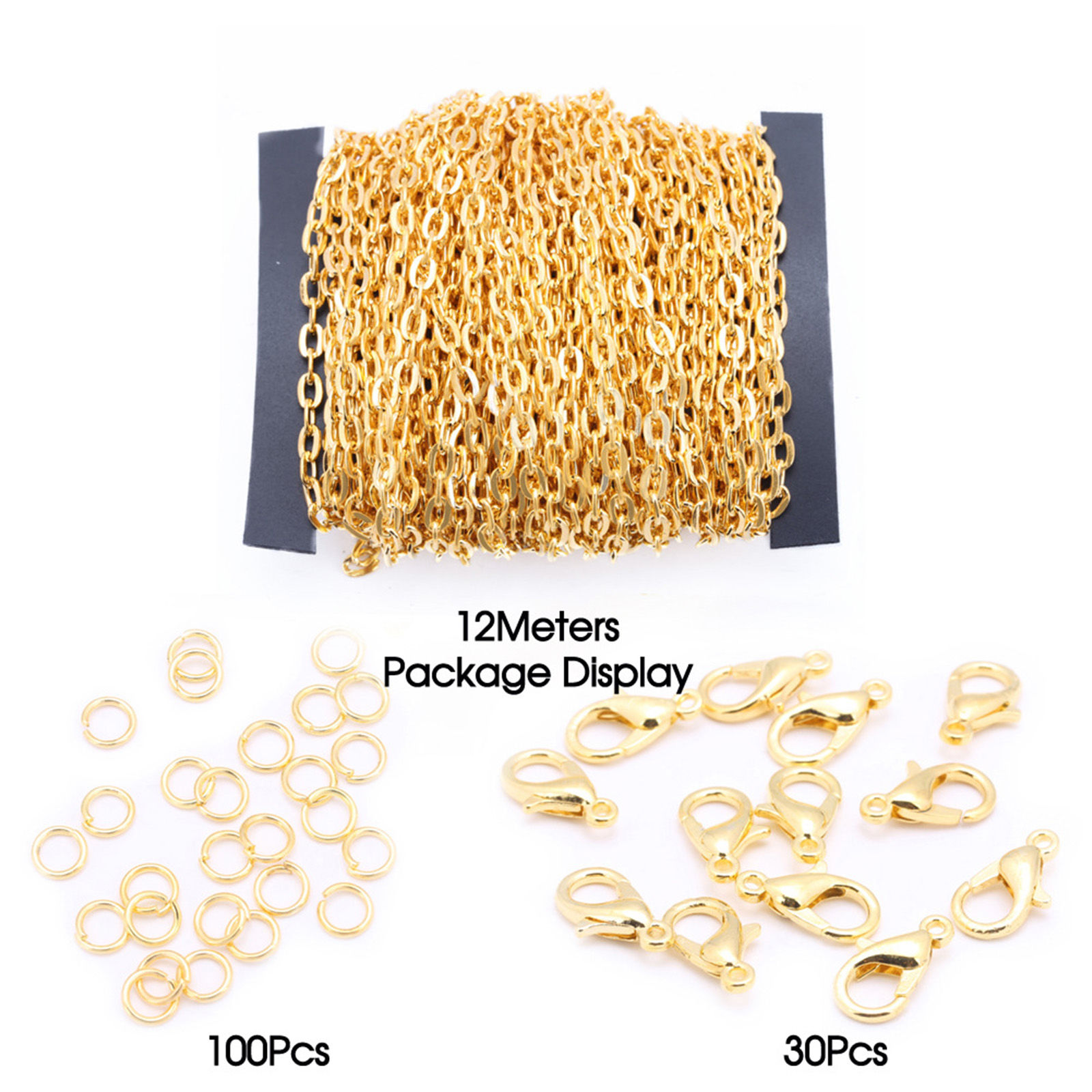 Picture of Iron Based Alloy Jewelry DIY Earring Necklace Bracelet 2x1.5mm Chain Lobster Clasp Jump Ring Accessories Findings Gold Plated 15cm x 12cm, 1 Set