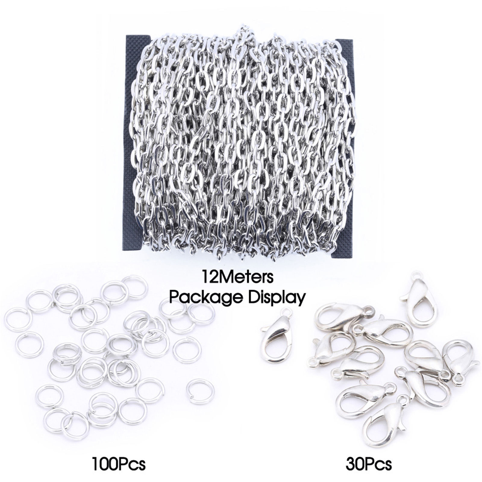 Picture of Iron Based Alloy Jewelry DIY Earring Necklace Bracelet 2x1.5mm Chain Lobster Clasp Jump Ring Accessories Findings Silver Tone 15cm x 12cm, 1 Set