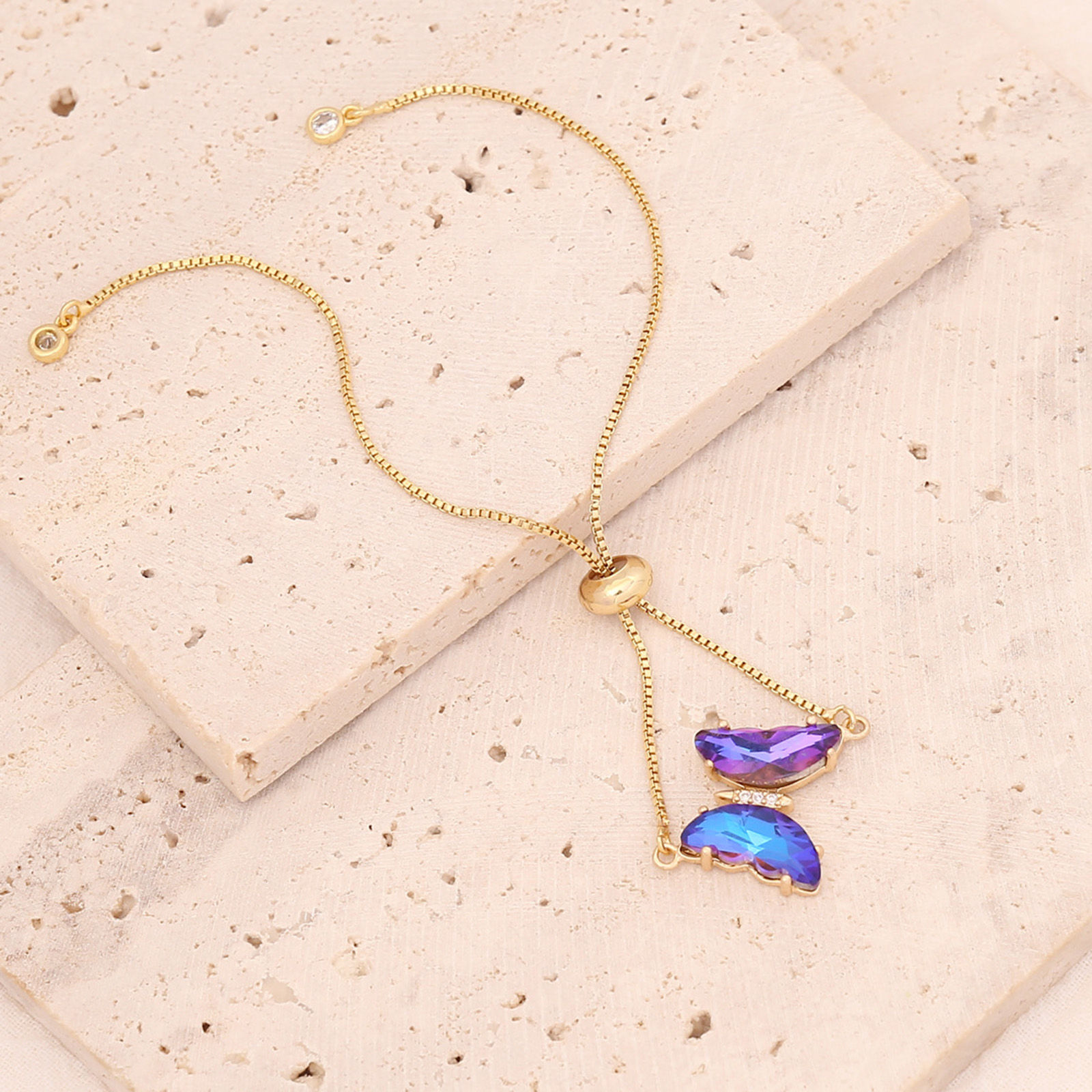 Picture of Copper Insect Adjustable Slider/ Slide Bolo Bracelets Gold Plated Butterfly Animal Purple Cubic Zirconia 26cm(10 2/8") long, 1 Piece