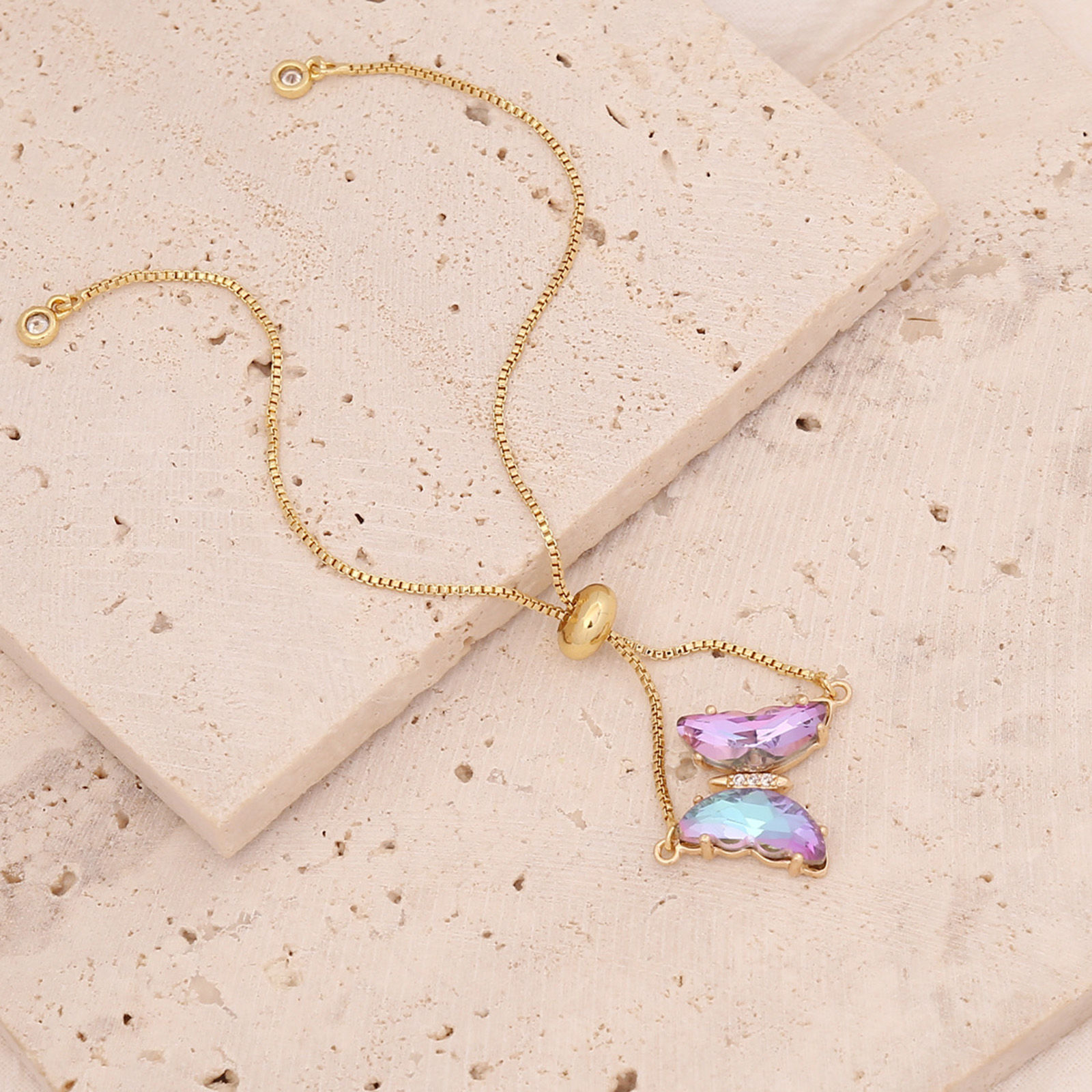Picture of Copper Insect Adjustable Slider/ Slide Bolo Bracelets Gold Plated Butterfly Animal Mauve Cubic Zirconia 26cm(10 2/8") long, 1 Piece