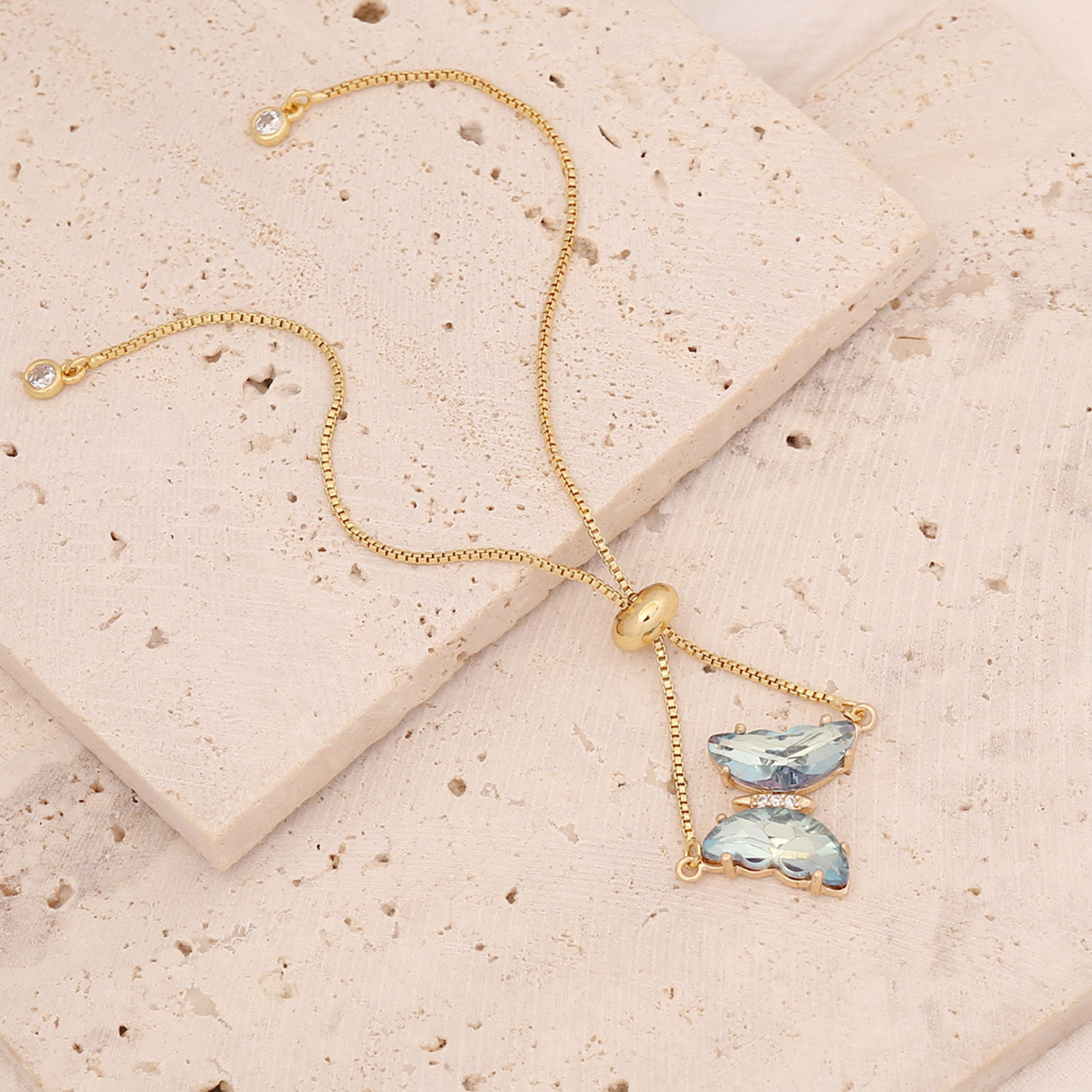 Picture of Copper Insect Adjustable Slider/ Slide Bolo Bracelets Gold Plated Butterfly Animal Light Blue Cubic Zirconia 26cm(10 2/8") long, 1 Piece