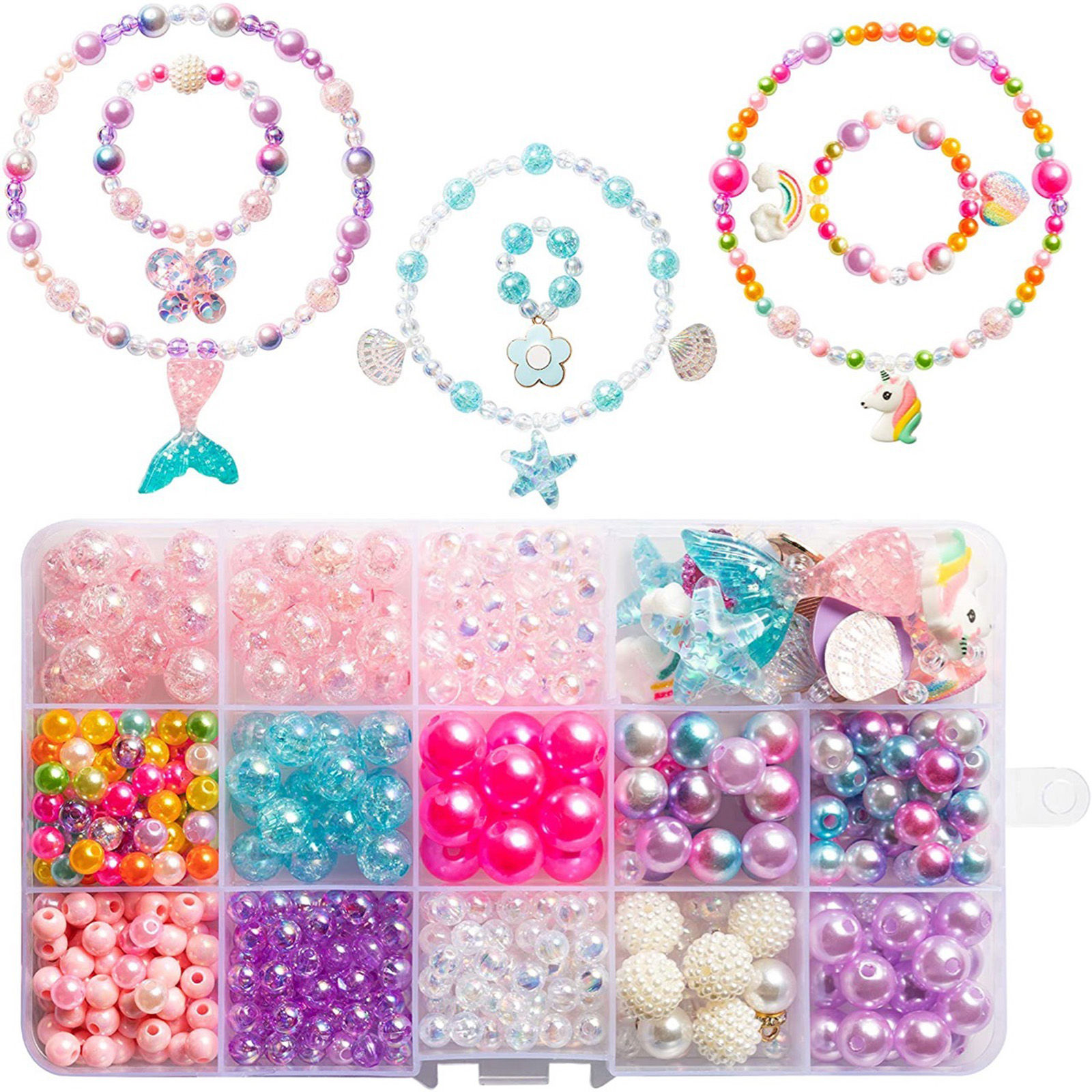Picture of Resin Children Kids Beads DIY Kits For Bracelet Necklace Jewelry Making Handmade Accessories Multicolor Rectangle Mermaid 16.5cm x 9.4cm, 1 Set