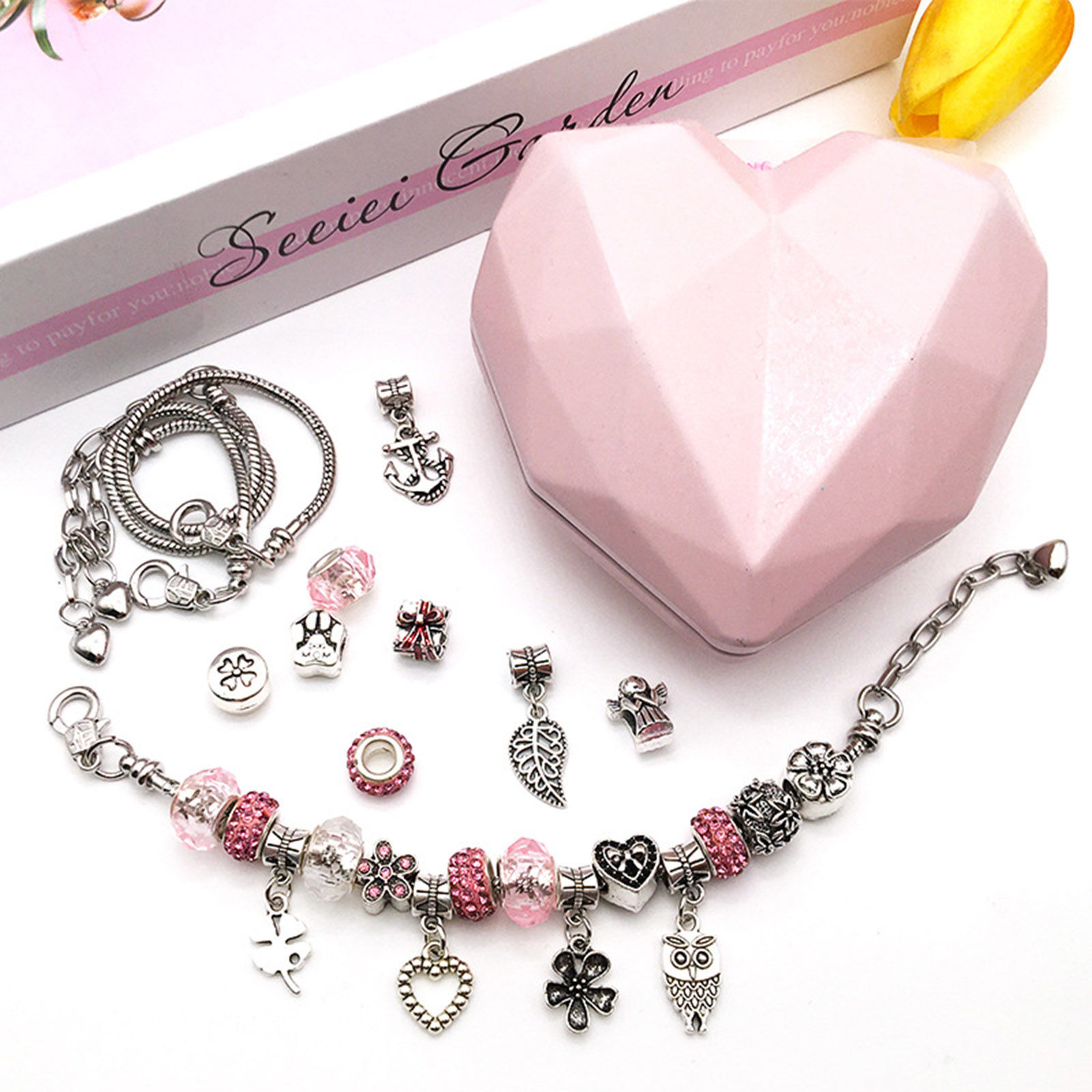 Picture of Zinc Based Alloy Children Kids Beads DIY Kits For Bracelet Necklace Jewelry Making Handmade Accessories Antique Silver Color Pink 9.8cm x 9.8cm, 1 Set