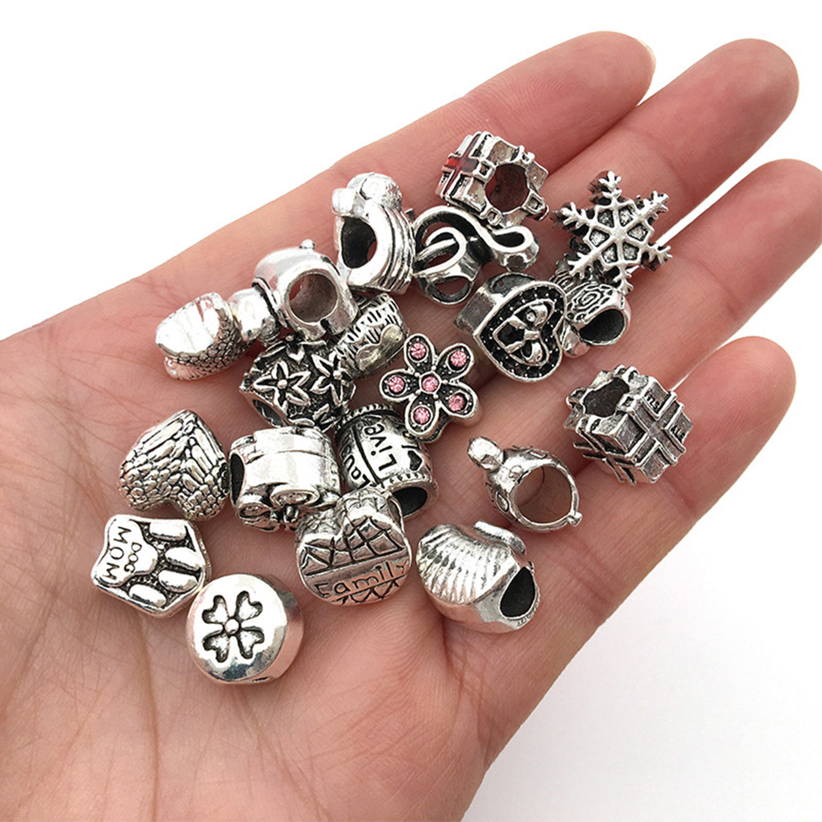 Picture of Zinc Based Alloy Children Kids Beads DIY Kits For Bracelet Necklace Jewelry Making Handmade Accessories Antique Silver Color Pink 9.8cm x 9.8cm, 1 Set