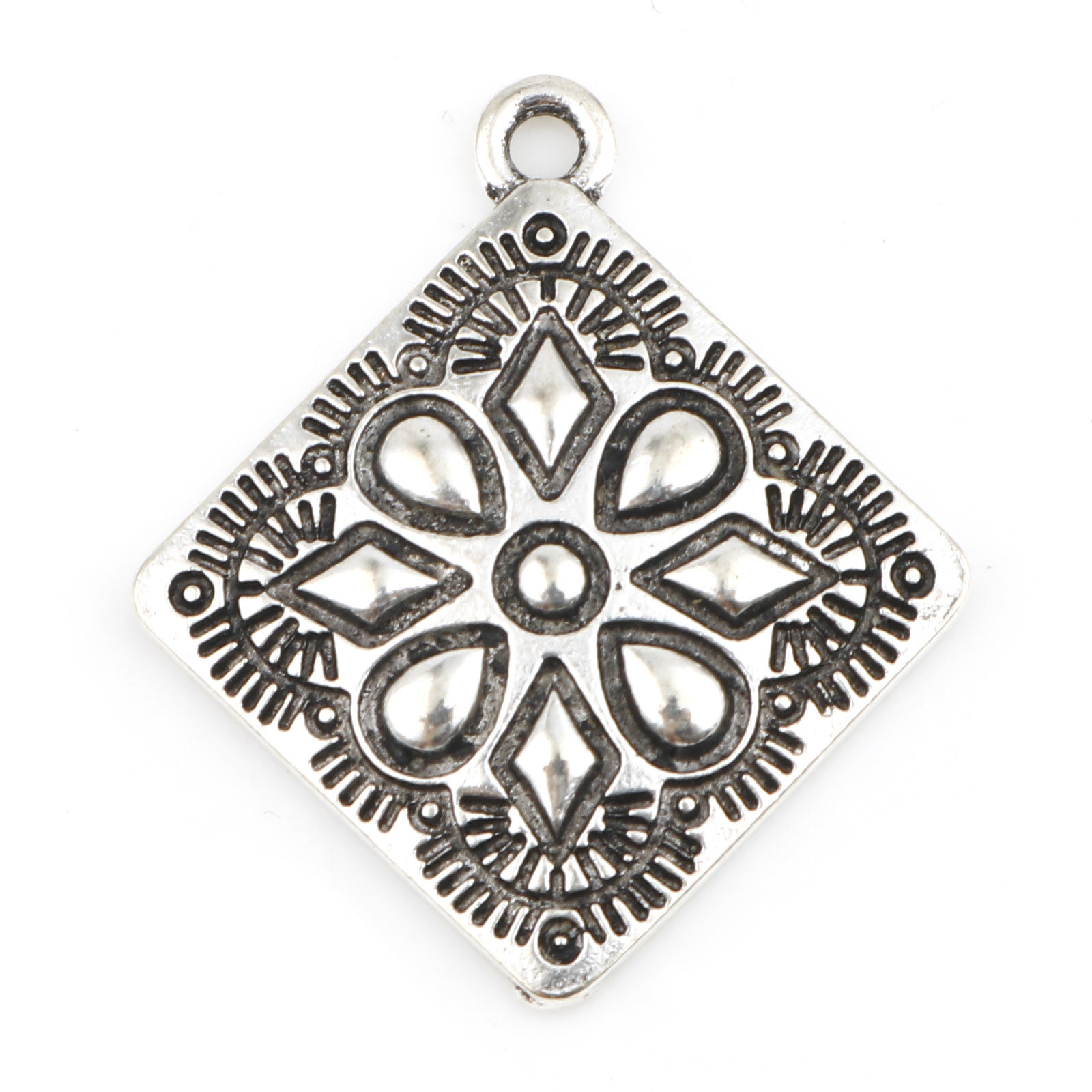 Picture of Zinc Based Alloy Charms Rhombus Antique Silver Color Carved Pattern 28mm x 25mm, 10 PCs
