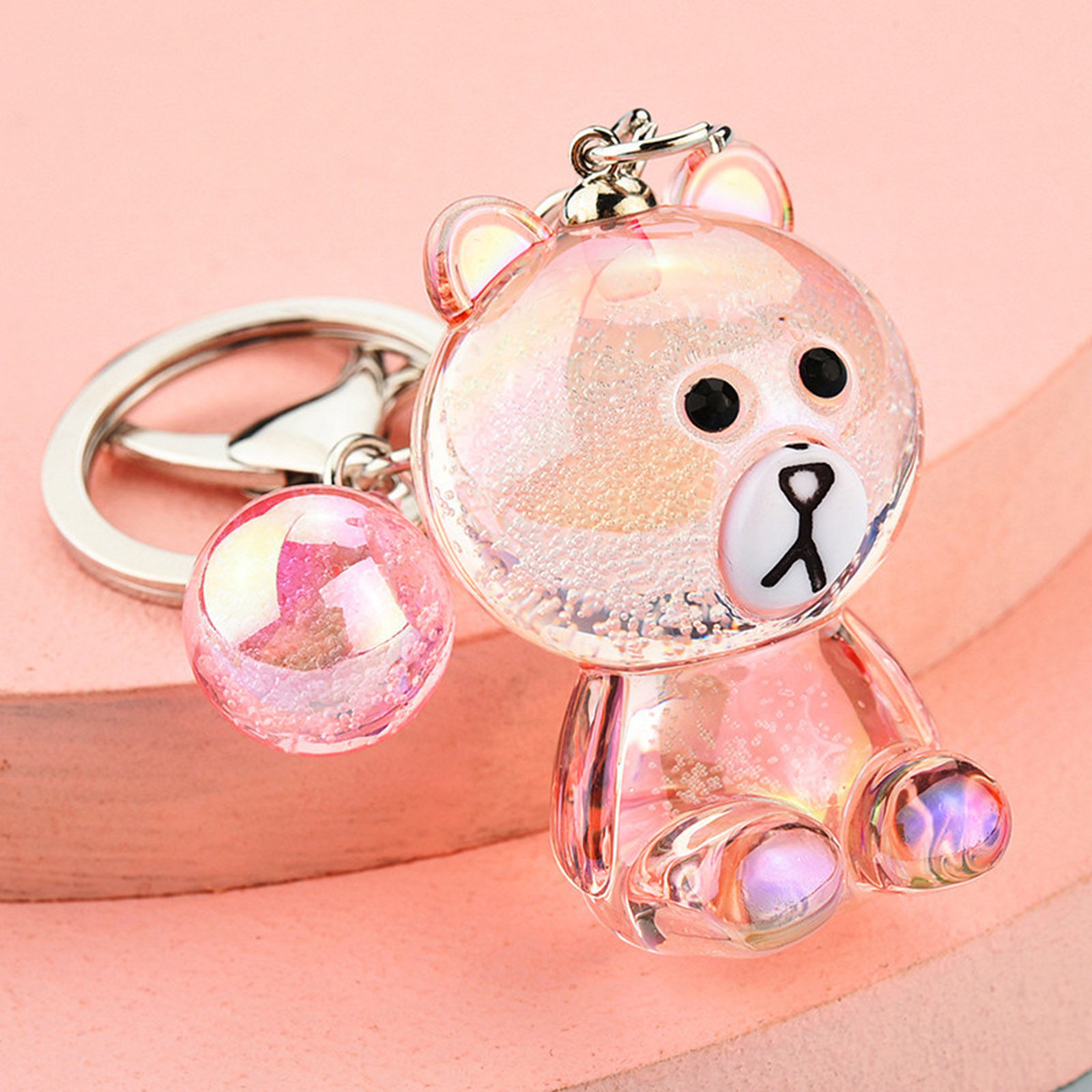 Picture of Acrylic Cute Keychain & Keyring Silver Tone Pink Ball Bear 12cm, 1 Piece