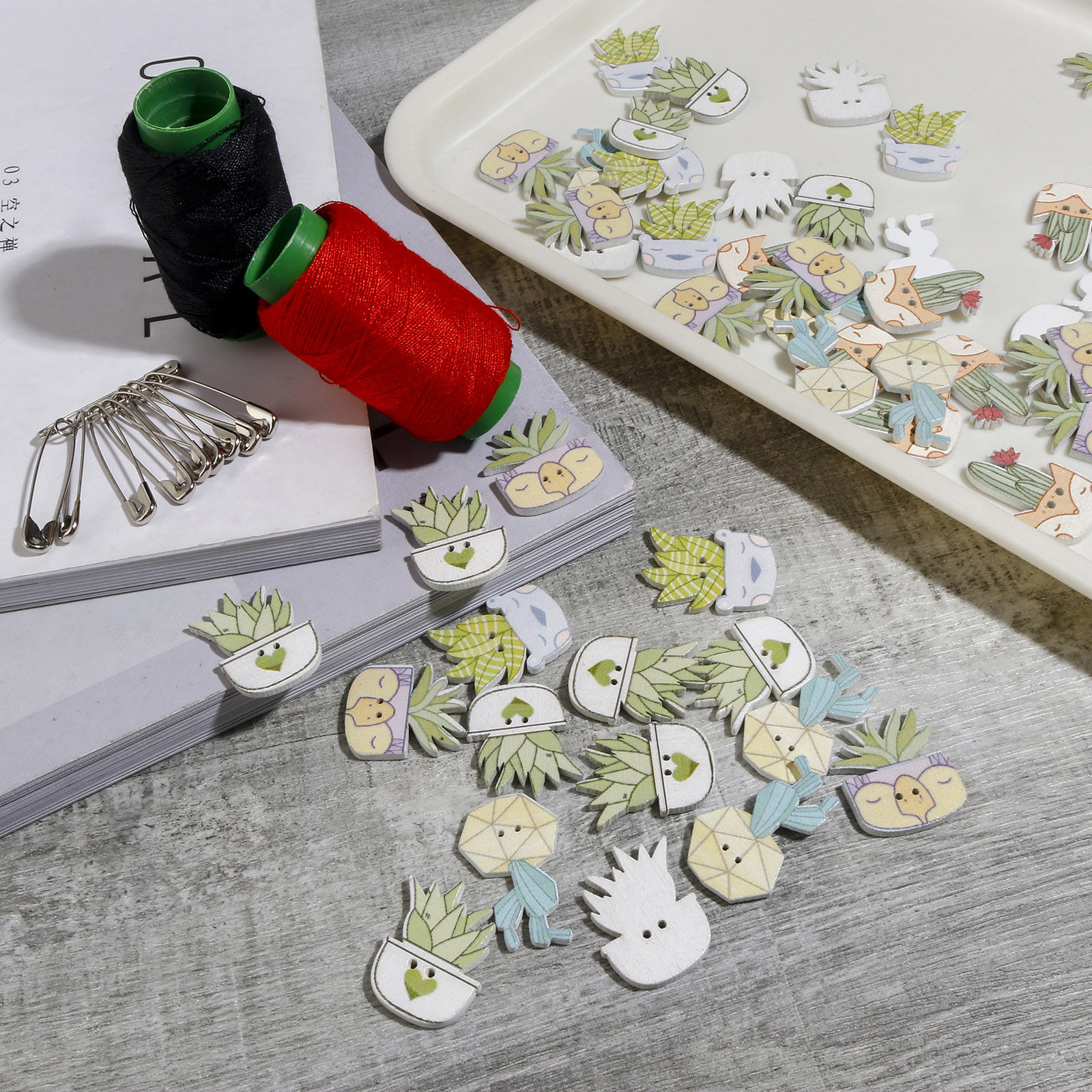 Picture of Wood Flora Collection Buttons Scrapbooking 2 Holes Cactus At Random Color 30x19mm - 23x21mm, 50 PCs