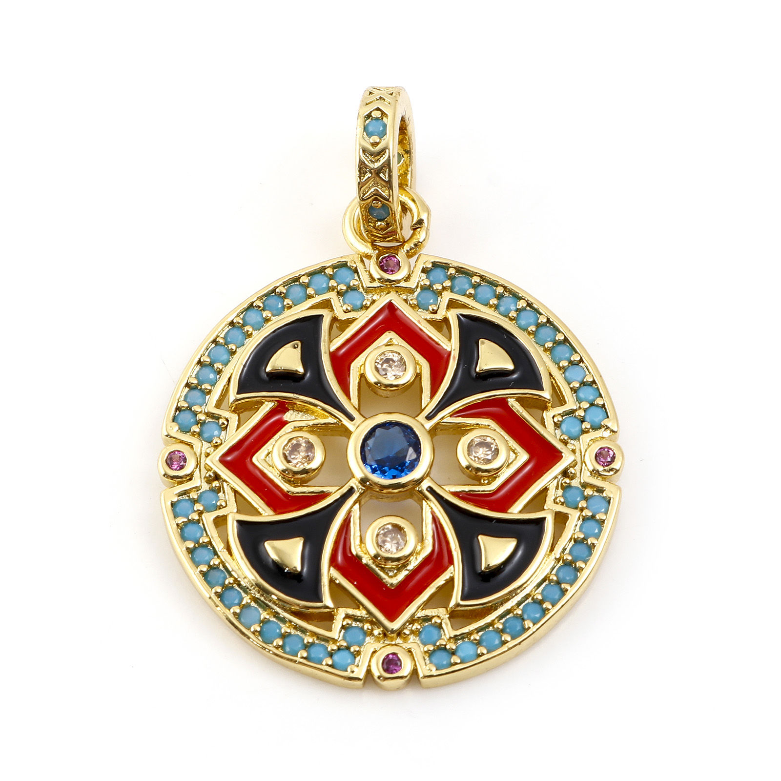 Picture of Copper Micro Pave Charms Gold Plated Black & Red Round Enamel Folk-custom Multicolour Cubic Zirconia 29mm x 1 Piece