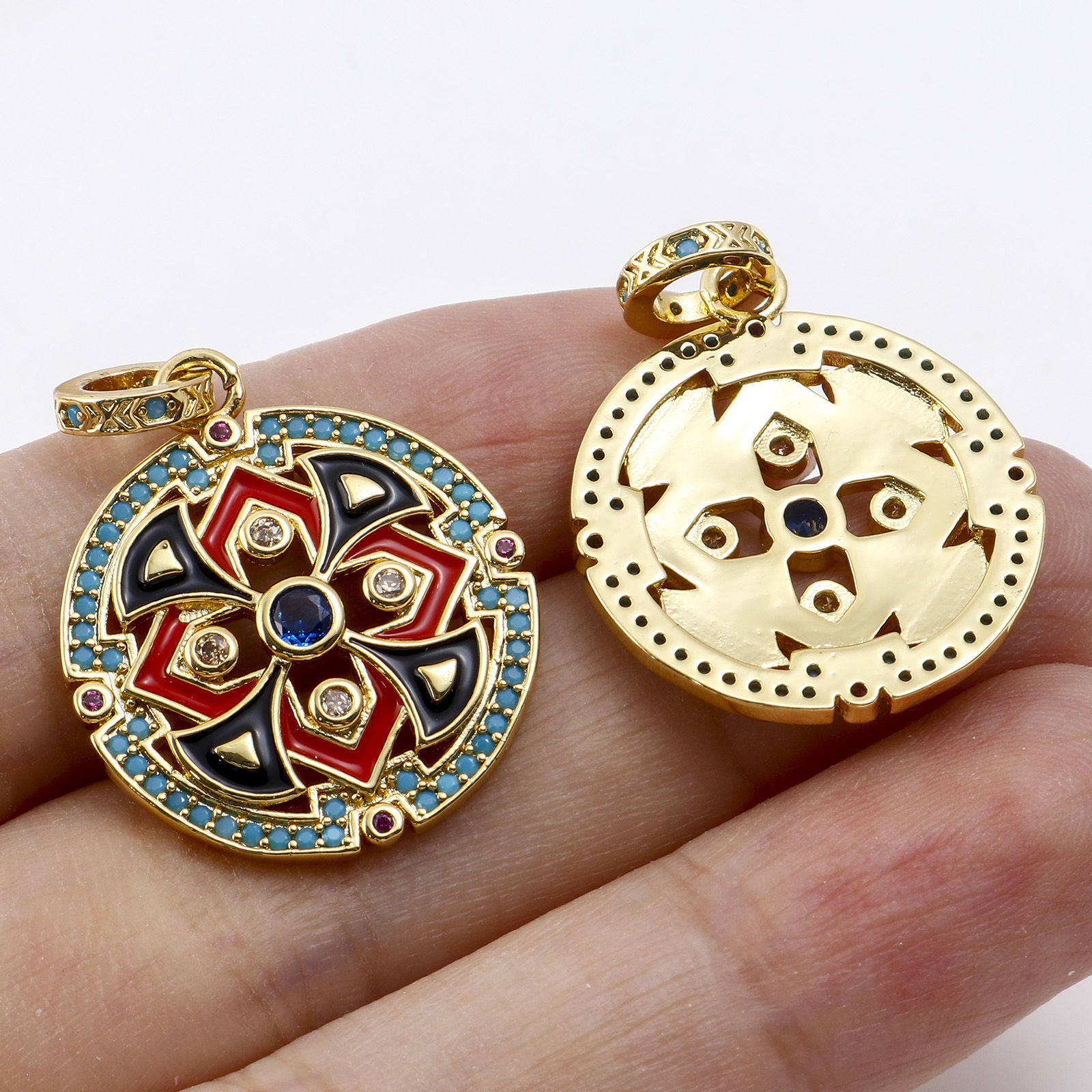 Picture of Copper Micro Pave Charms Gold Plated Black & Red Round Enamel Folk-custom Multicolour Cubic Zirconia 29mm x 1 Piece