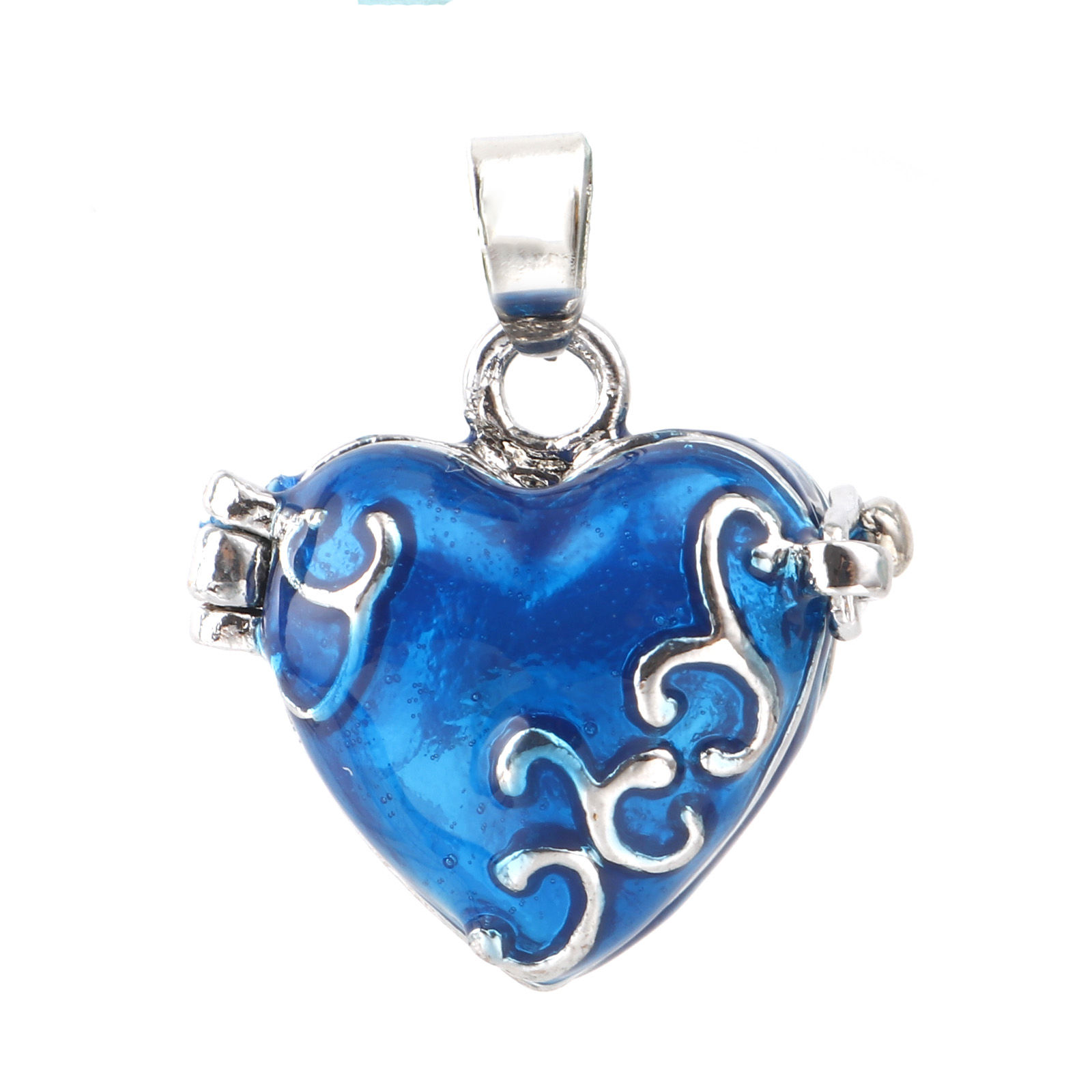 Picture of Copper Charms Mexican Angel Caller Bola Harmony Ball Wish Box Locket Heart Carved Pattern Silver Tone Blue Enamel Can Open 25mm x 21mm, 1 Piece