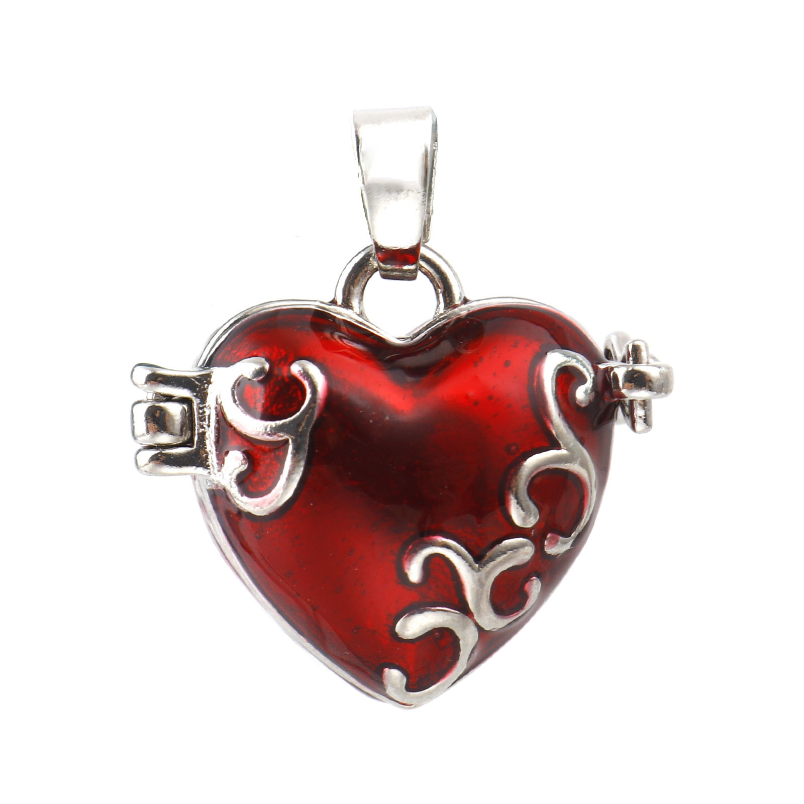 Picture of Copper Charms Mexican Angel Caller Bola Harmony Ball Wish Box Locket Heart Carved Pattern Silver Tone Red Enamel Can Open 25mm x 21mm, 1 Piece