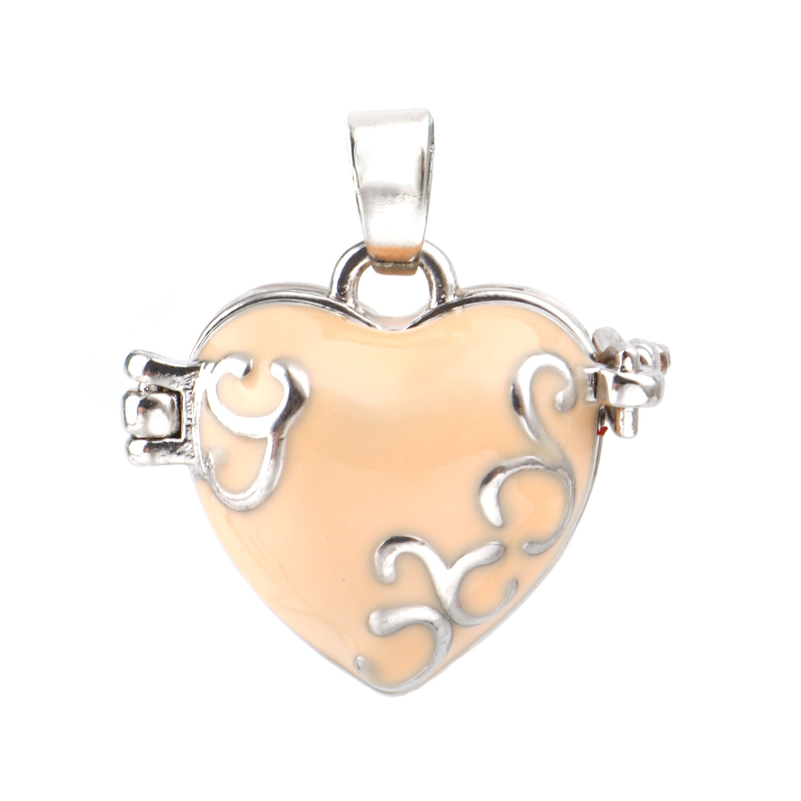 Picture of Copper Charms Mexican Angel Caller Bola Harmony Ball Wish Box Locket Heart Carved Pattern Silver Tone Peachy Beige Enamel Can Open 25mm x 21mm, 1 Piece