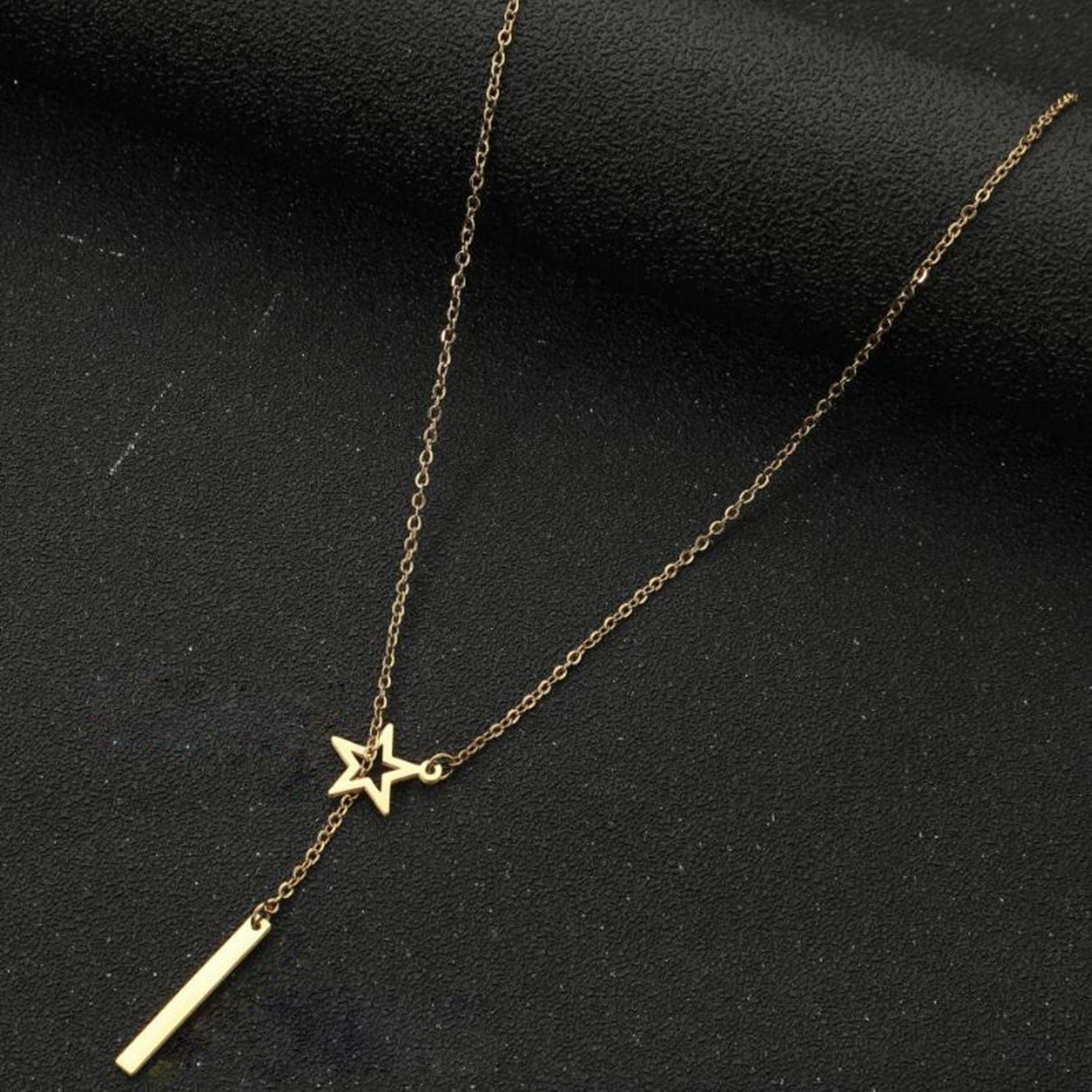 Picture of Titanium Steel Stylish Y Shaped Lariat Necklace Gold Plated Strip Star Hollow 45cm(17 6/8") long, 1 Piece