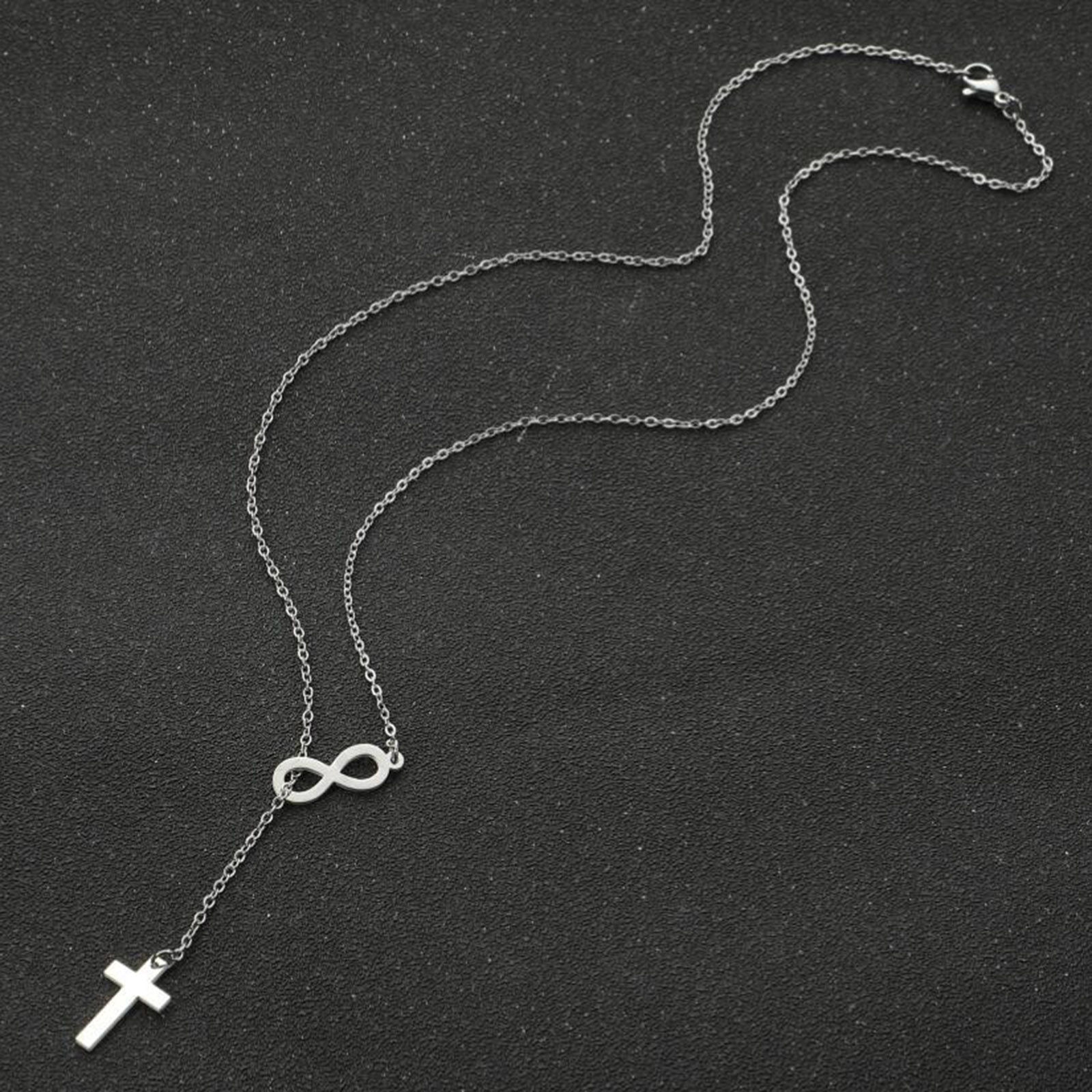 Picture of Titanium Steel Stylish Y Shaped Lariat Necklace Silver Tone Infinity Symbol Cross 45cm(17 6/8") long, 1 Piece