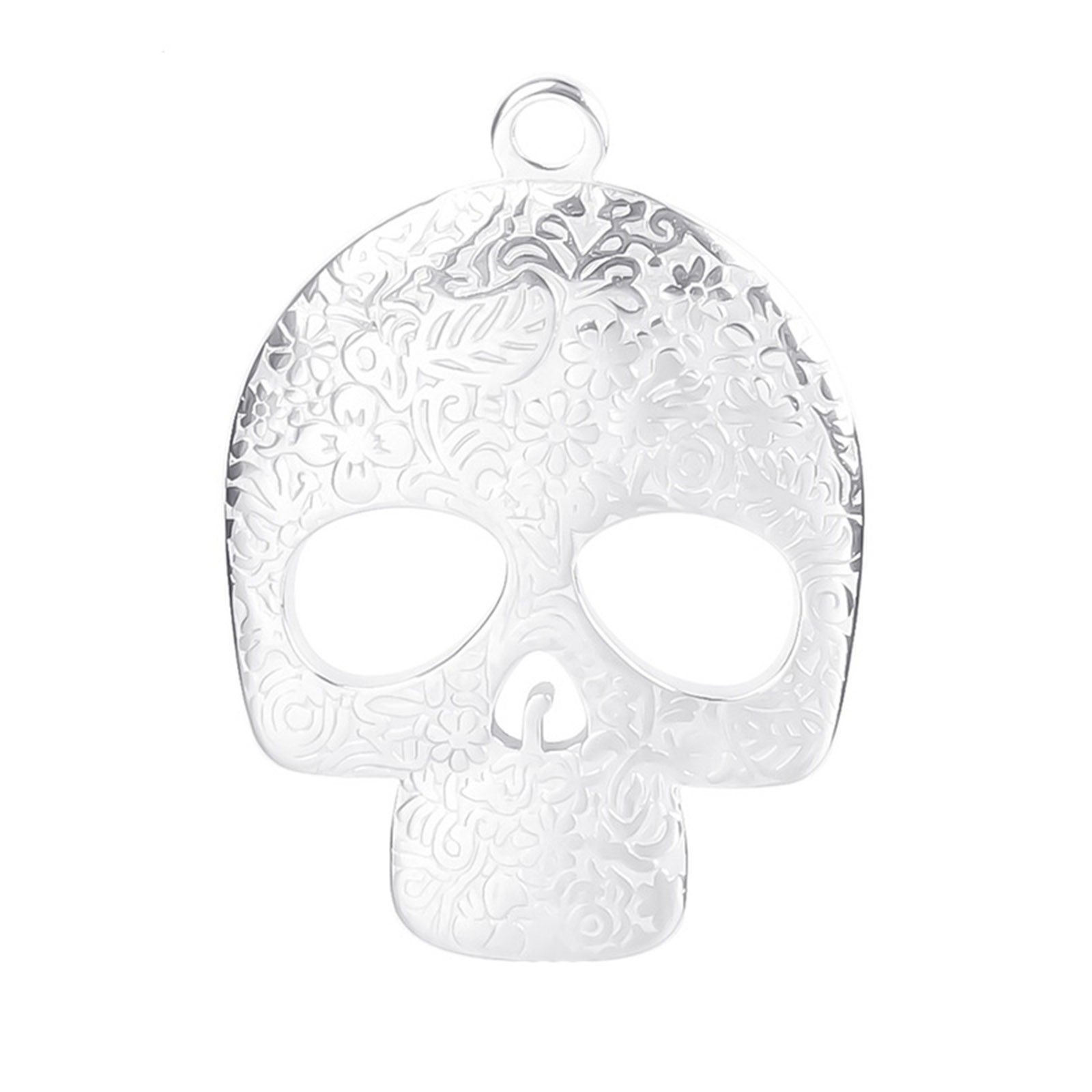 Picture of Stainless Steel Halloween Charms Silver Tone Skull Carved Pattern Hollow 3cm x 2.2cm, 2 PCs
