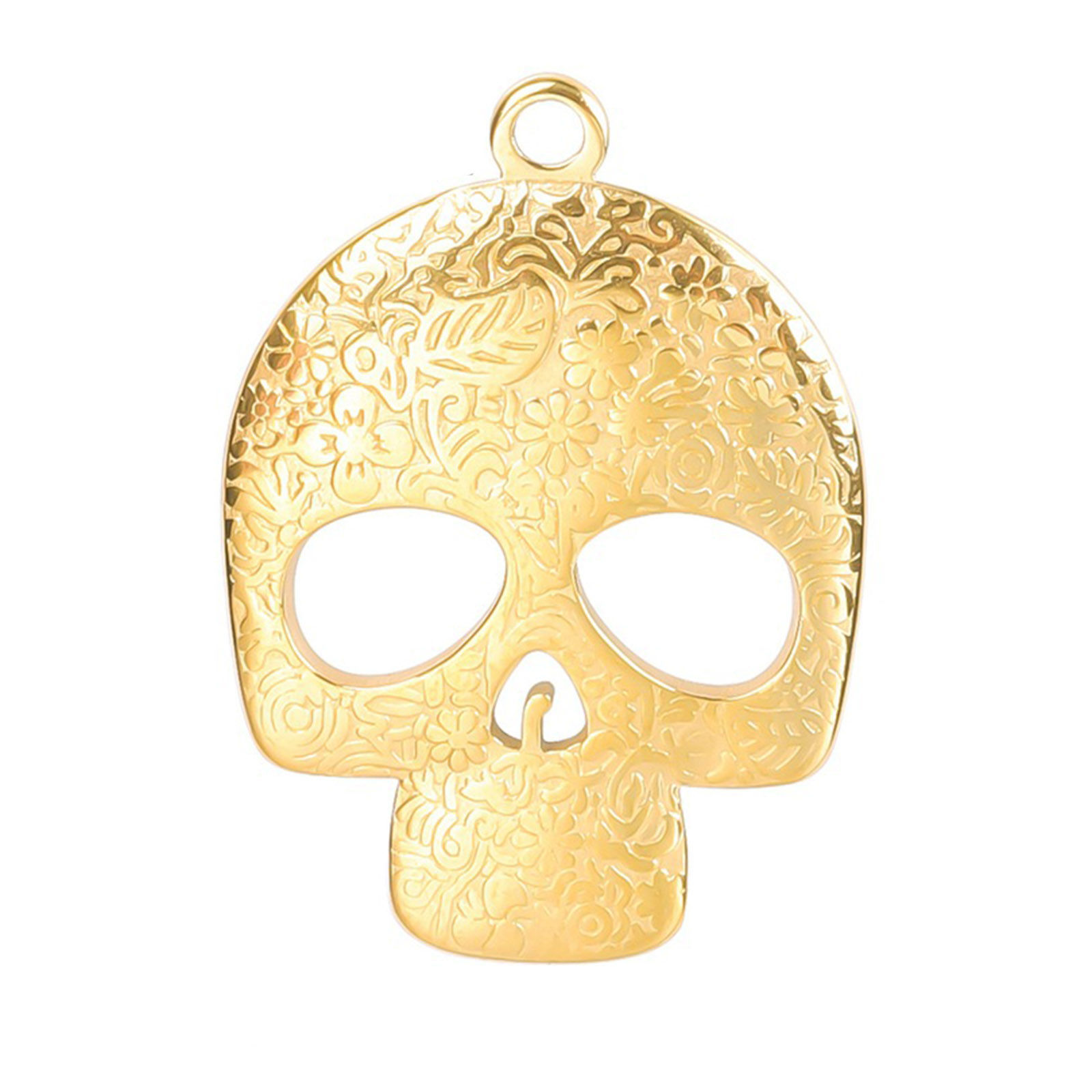 Picture of Stainless Steel Halloween Charms Gold Plated Skull Carved Pattern Hollow 3cm x 2.2cm, 2 PCs
