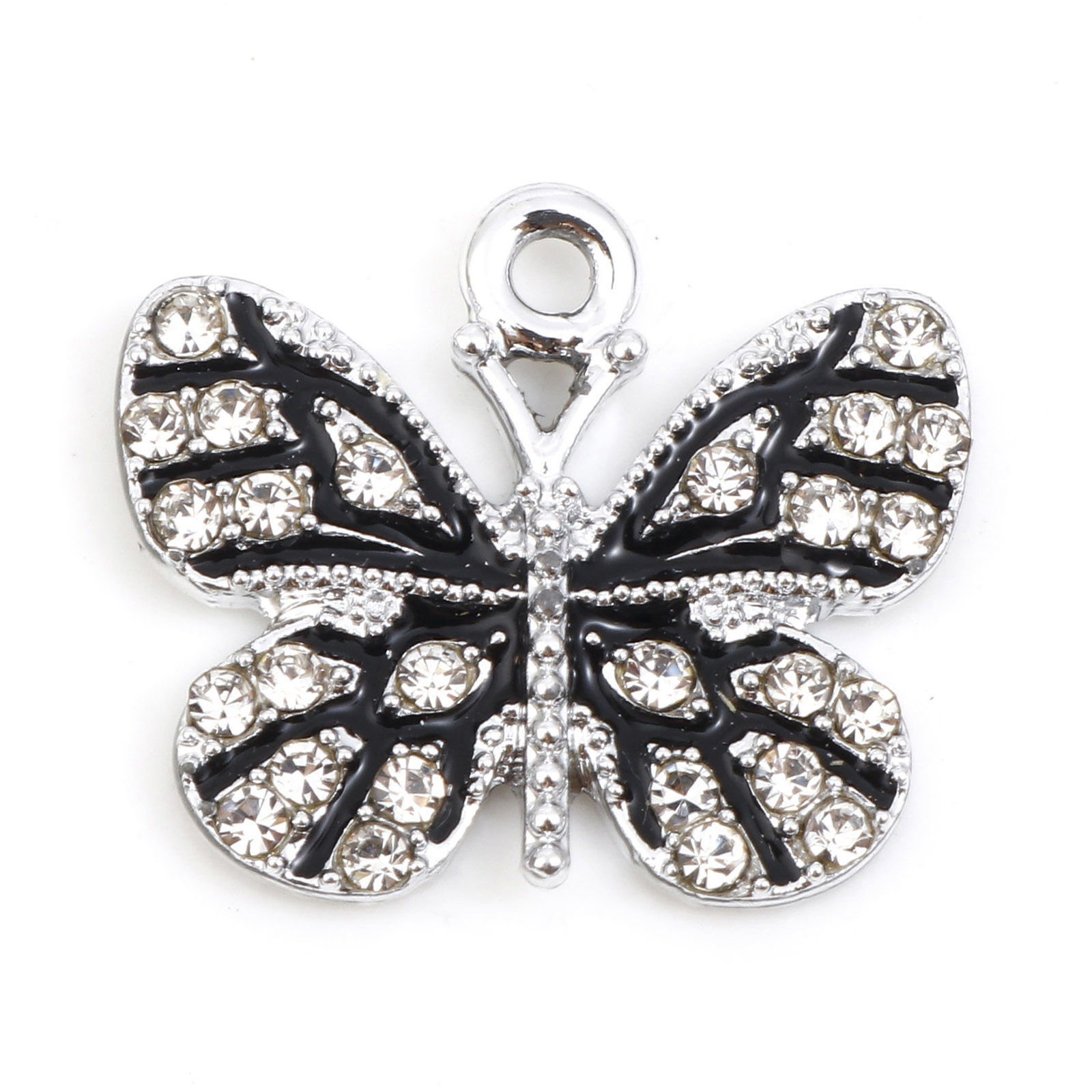 Picture of Zinc Based Alloy Micro Pave Charms Silver Tone Black Butterfly Animal Enamel Clear Rhinestone 19mm x 17mm, 10 PCs