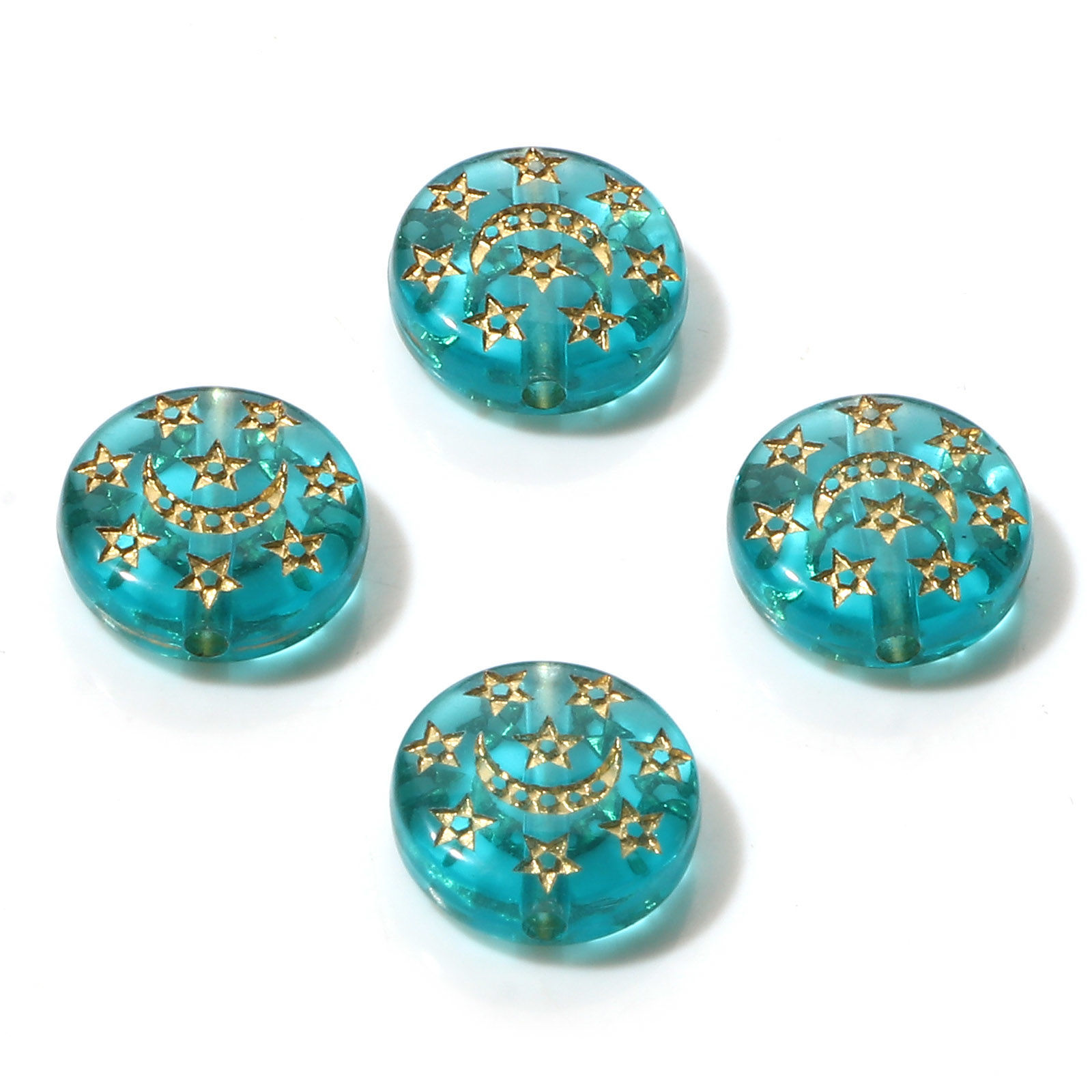 Picture of Acrylic Retro Beads Round Green Blue Moon Pattern About 13mm Dia., Hole: Approx 1.5mm, 10 PCs