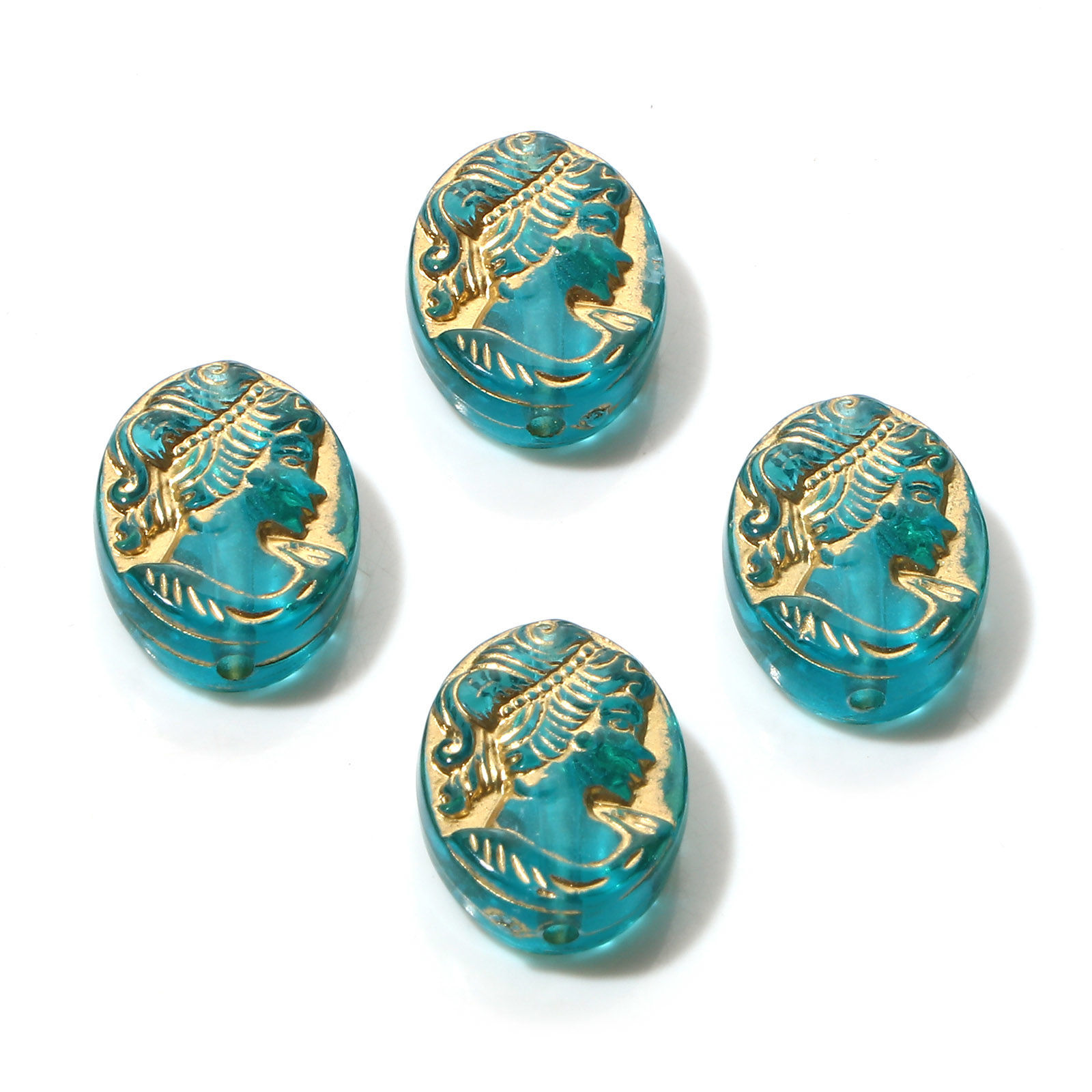 Picture of Acrylic Retro Beads Oval Green Blue Beauty Lady Pattern About 18mm x 13mm, Hole: Approx 1.5mm, 10 PCs