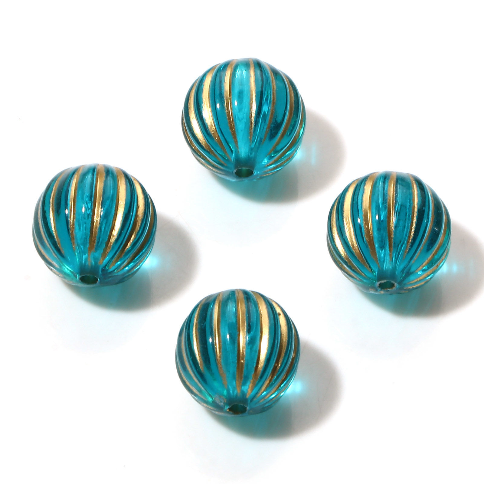 Picture of Acrylic Retro Beads Round Green Blue Stripe Pattern About 12mm Dia., Hole: Approx 1.5mm, 10 PCs