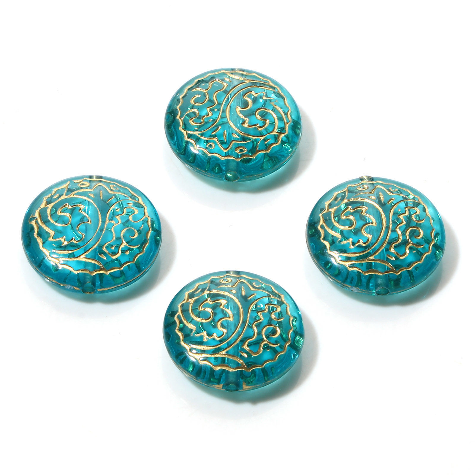 Picture of Acrylic Retro Beads Flat Round Green Blue Carved Pattern Pattern About 18mm Dia., Hole: Approx 1.4mm, 10 PCs