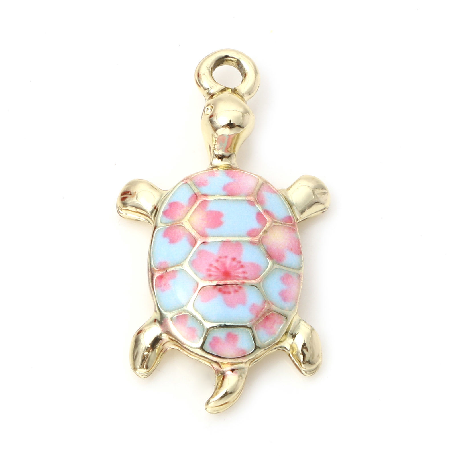 Picture of Zinc Based Alloy Ocean Jewelry Charms Gold Plated Blue & Pink Sea Turtle Animal Cherry Blossom Sakura Flower Enamel 24mm x 14mm, 10 PCs
