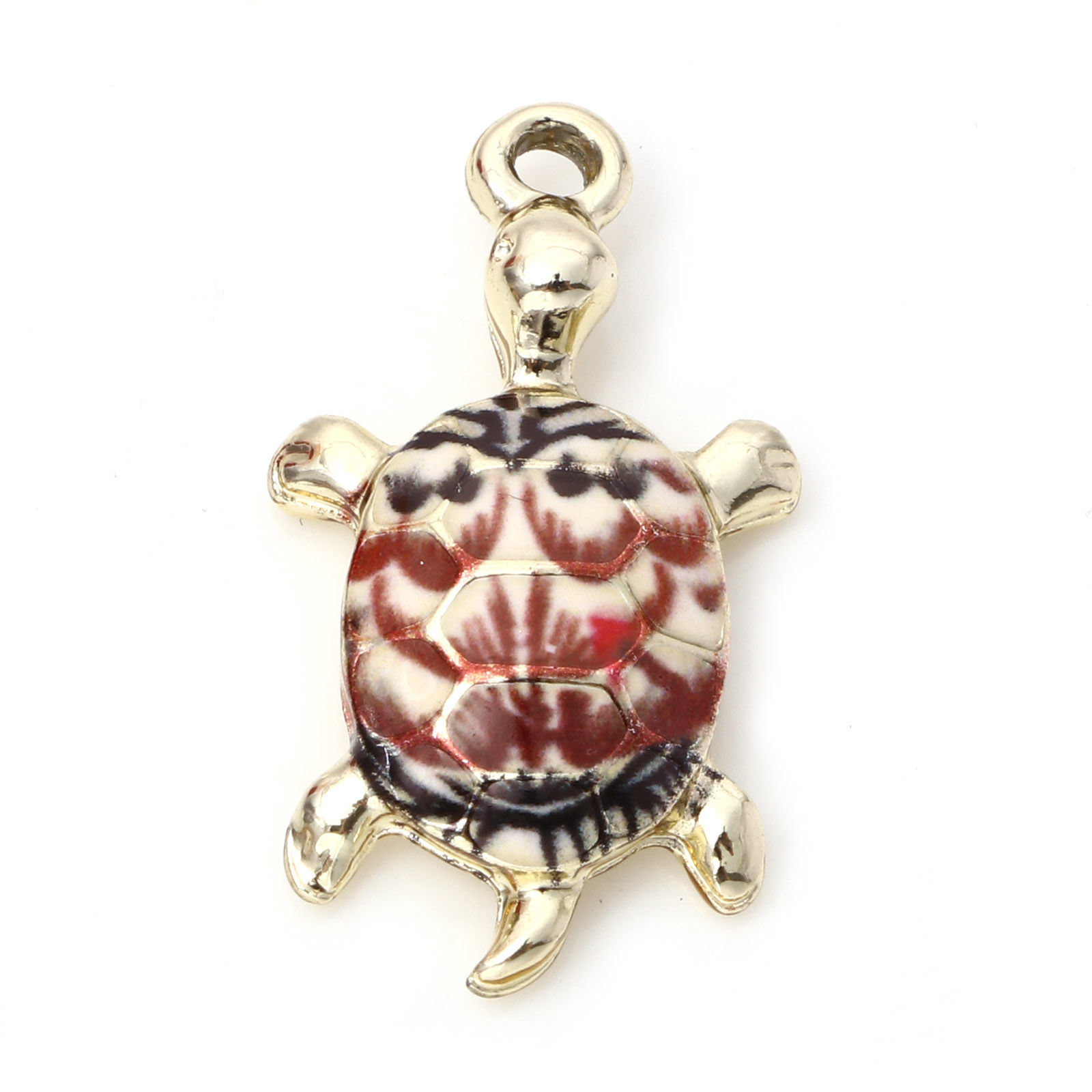 Picture of Zinc Based Alloy Ocean Jewelry Charms Gold Plated Black & Red Sea Turtle Animal Enamel 24mm x 14mm, 10 PCs