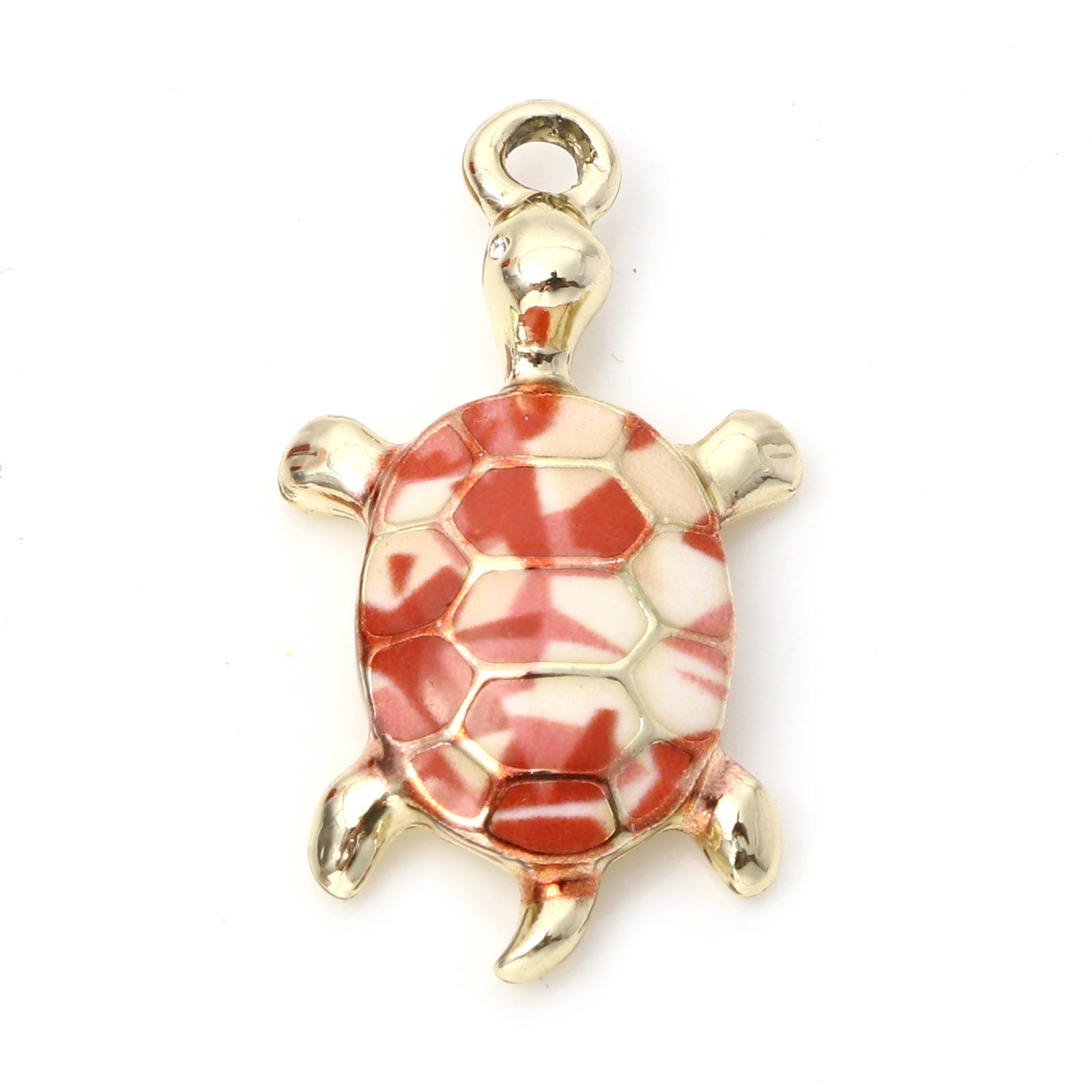 Picture of Zinc Based Alloy Ocean Jewelry Charms Gold Plated Beige & Red Sea Turtle Animal Enamel 24mm x 14mm, 10 PCs
