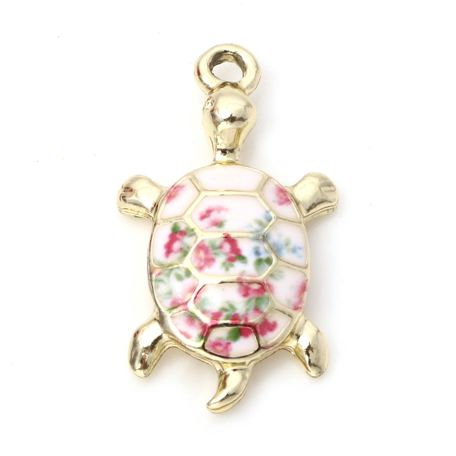 Picture of Zinc Based Alloy Ocean Jewelry Charms Gold Plated Multicolor Sea Turtle Animal Flower Enamel 24mm x 14mm, 10 PCs