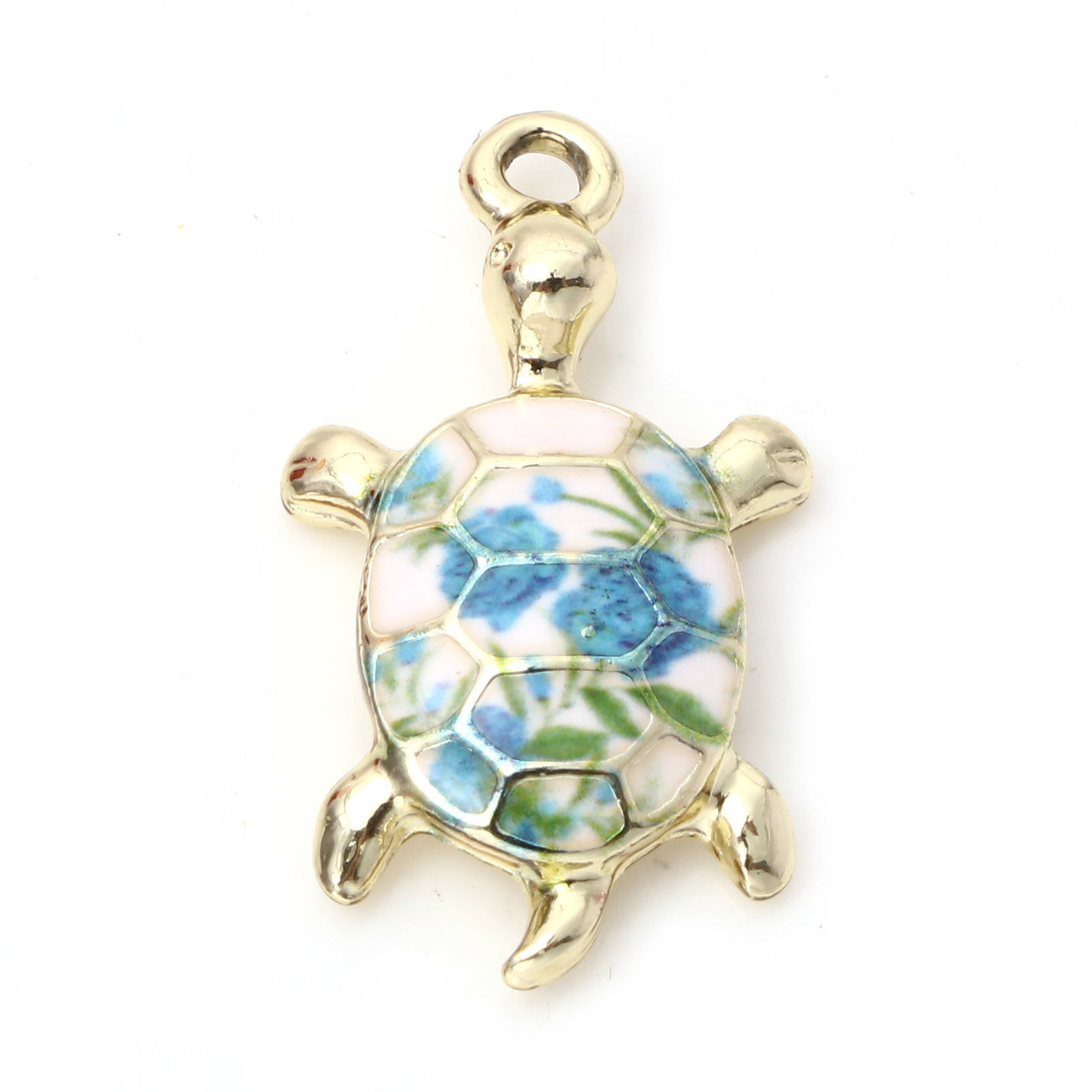 Picture of Zinc Based Alloy Ocean Jewelry Charms Gold Plated White & Blue Sea Turtle Animal Rose Flower Enamel 24mm x 14mm, 10 PCs