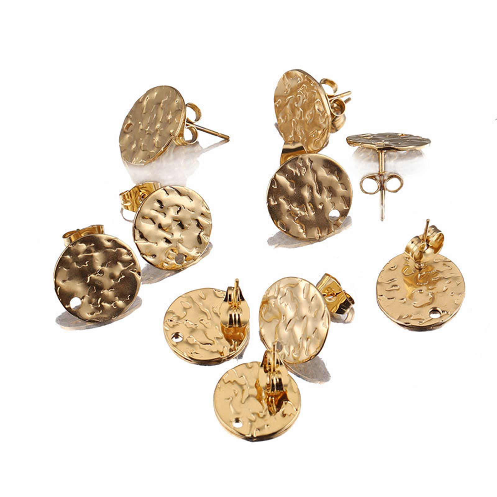 Picture of Stainless Steel Hammered Ear Post Stud Earrings Round 18K Gold Color With Loop 8mm Dia., Post/ Wire Size: (20 gauge), 1 Piece