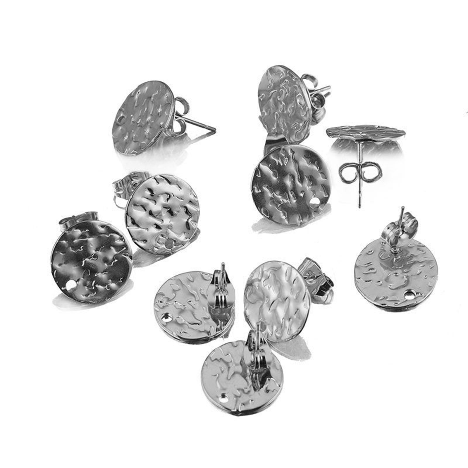 Picture of Stainless Steel Hammered Ear Post Stud Earrings Round Silver Tone With Loop 10mm Dia., Post/ Wire Size: (20 gauge), 1 Piece