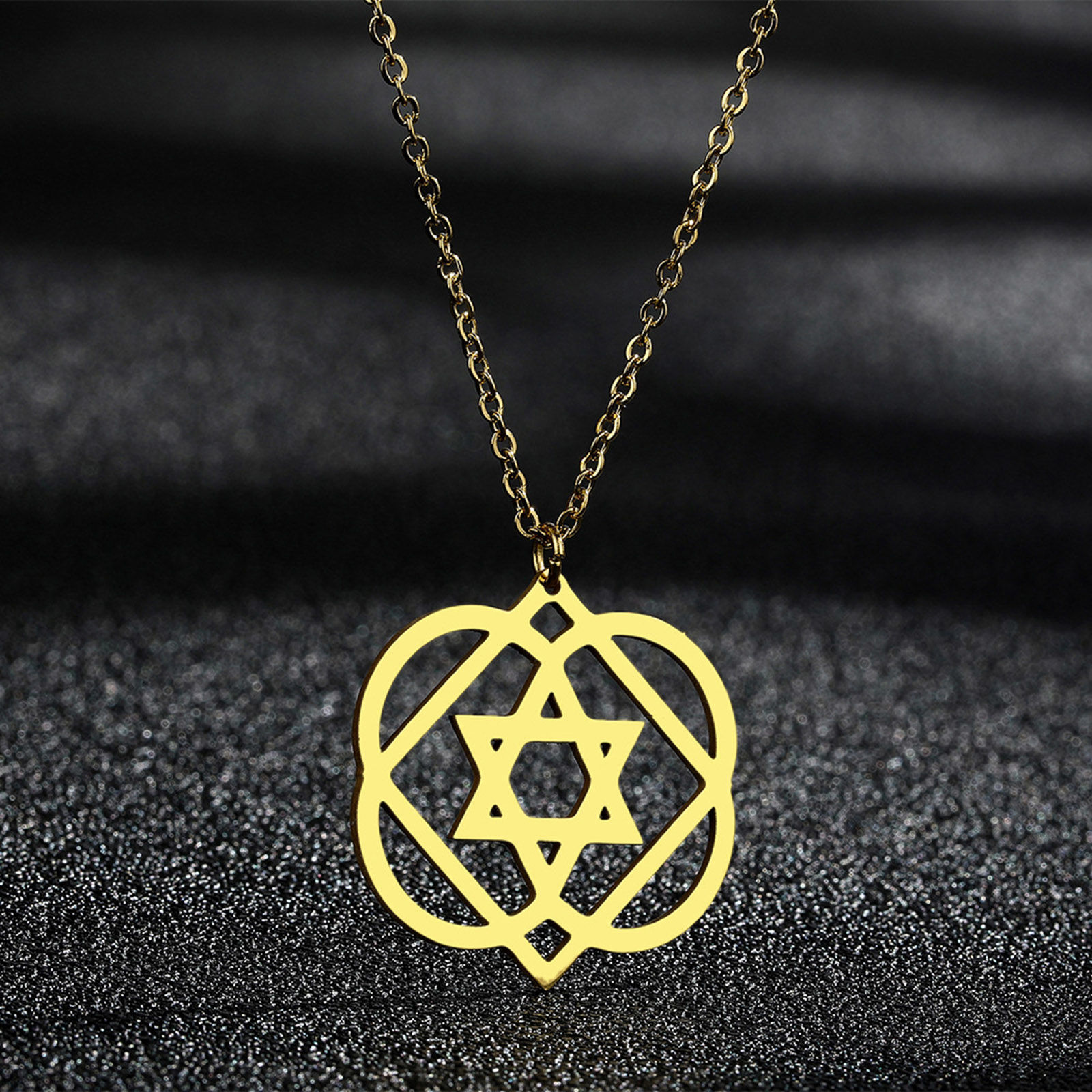 Picture of 304 Stainless Steel Stylish Link Cable Chain Necklace Gold Plated Rhombus Star Of David Hexagram Hollow 45cm(17 6/8") long, 1 Piece