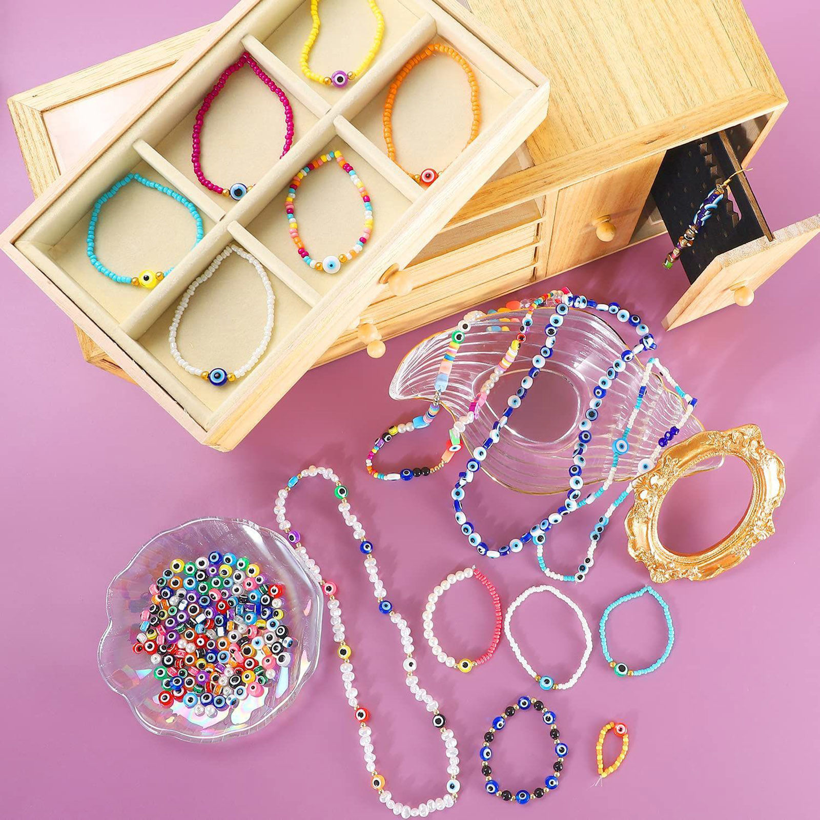 Picture of Polymer Clay Beads DIY Kits For Bracelet Necklace Jewelry Making Handmade Accessories Multicolor Evil Eye 19cm x 13.5cm, 1 Set