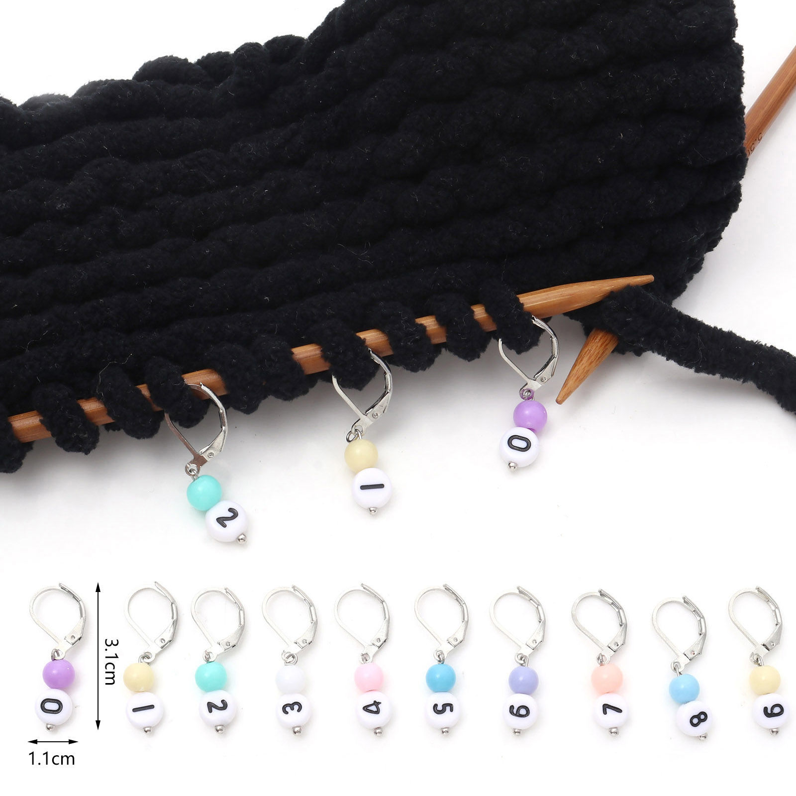 Picture of Copper & Acrylic Knitting Stitch Markers Number 0-9 Silver Tone At Random Color 3.1cm x 1.1cm, 1 Set ( 10 PCs/Set)