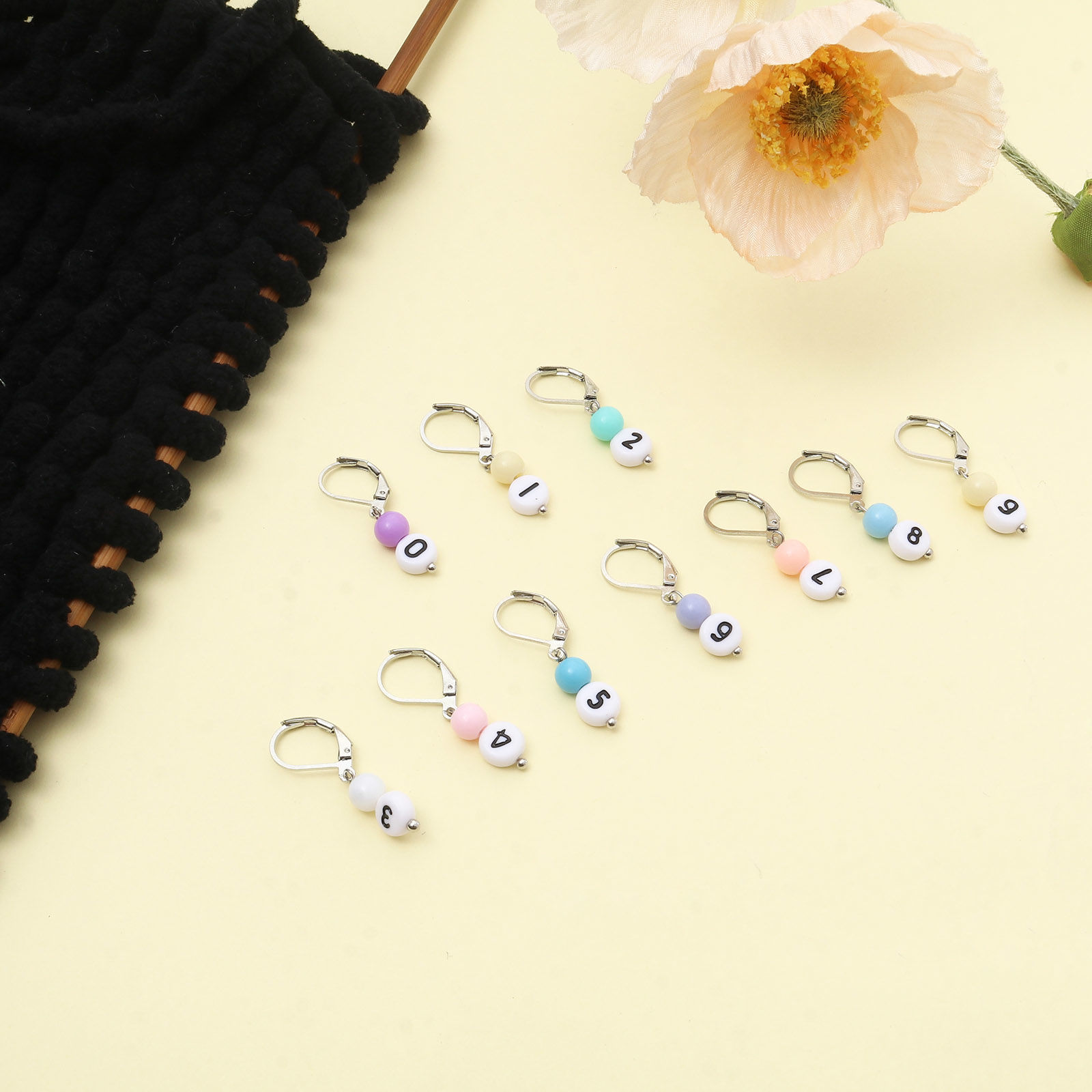 Picture of Copper & Acrylic Knitting Stitch Markers Number 0-9 Silver Tone At Random Color 3.1cm x 1.1cm, 1 Set ( 10 PCs/Set)