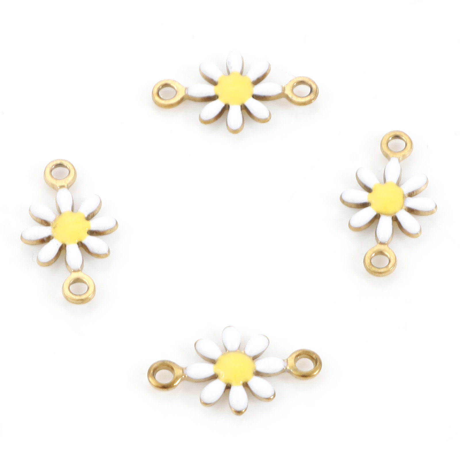 Picture of 304 Stainless Steel Connectors Gold Plated White Daisy Flower Enamel 13mm x 7.5mm, 10 PCs