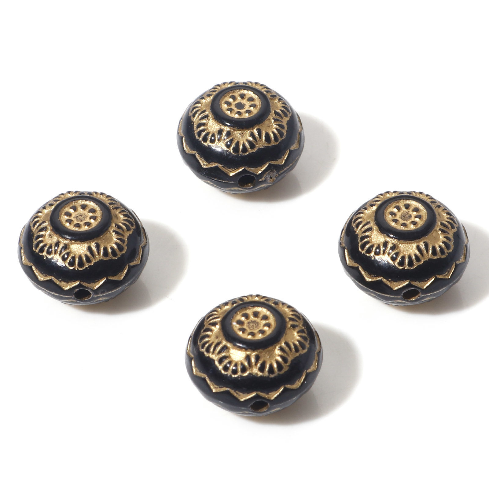 Picture of Acrylic Retro Beads Black Metallic Round Flower About 13mm Dia., Hole: Approx 1.5mm, 10 PCs