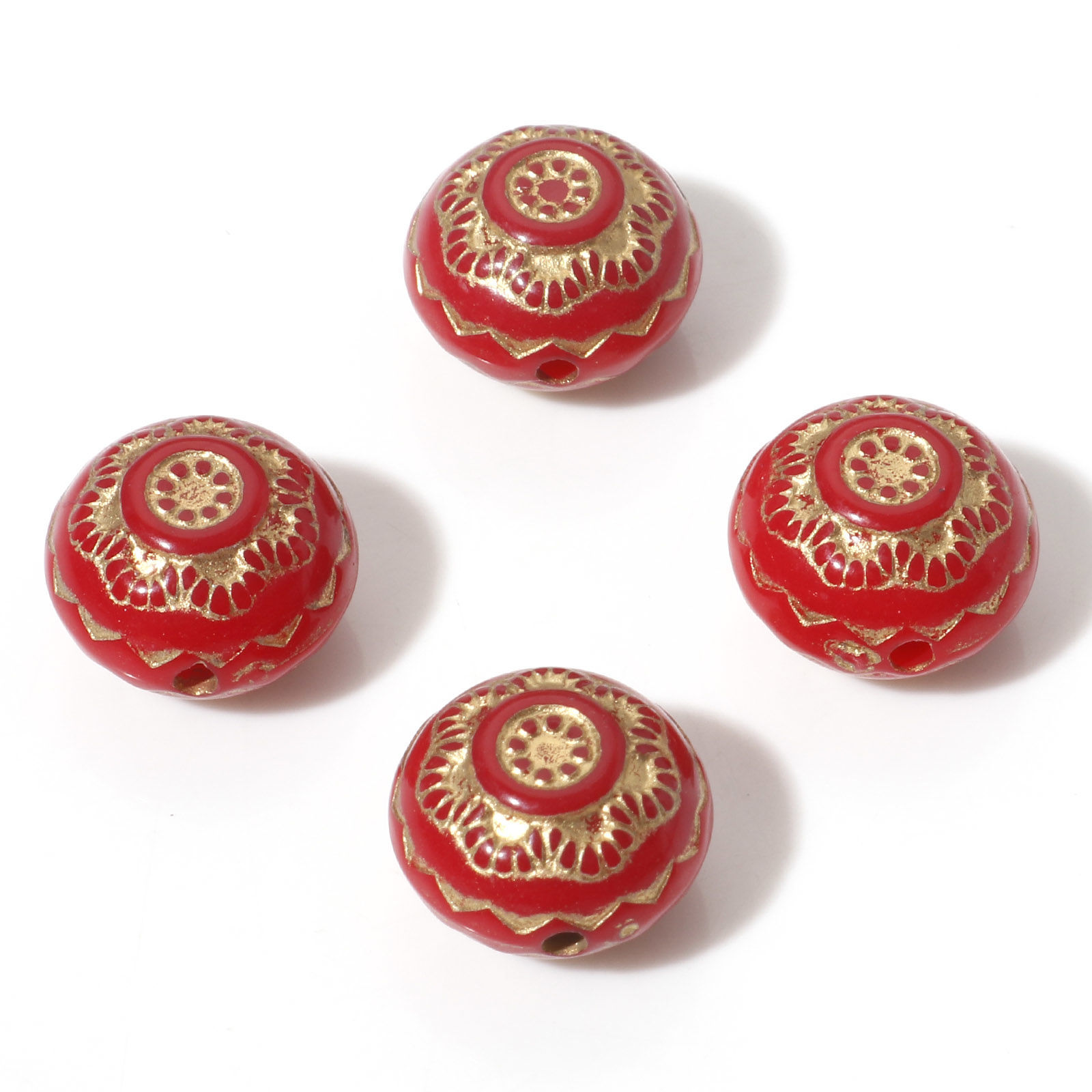 Picture of Acrylic Retro Beads Red Metallic Round Flower About 13mm Dia., Hole: Approx 1.5mm, 10 PCs