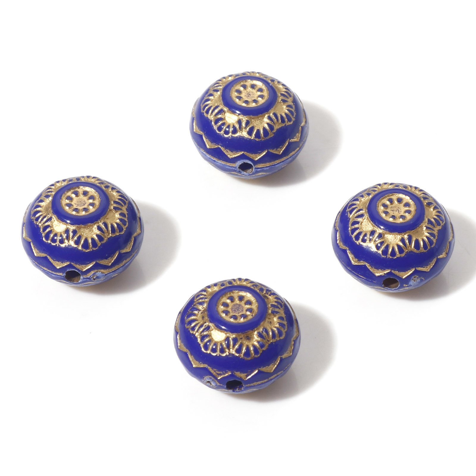 Picture of Acrylic Retro Beads Royal Blue Metallic Round Flower About 13mm Dia., Hole: Approx 1.5mm, 10 PCs