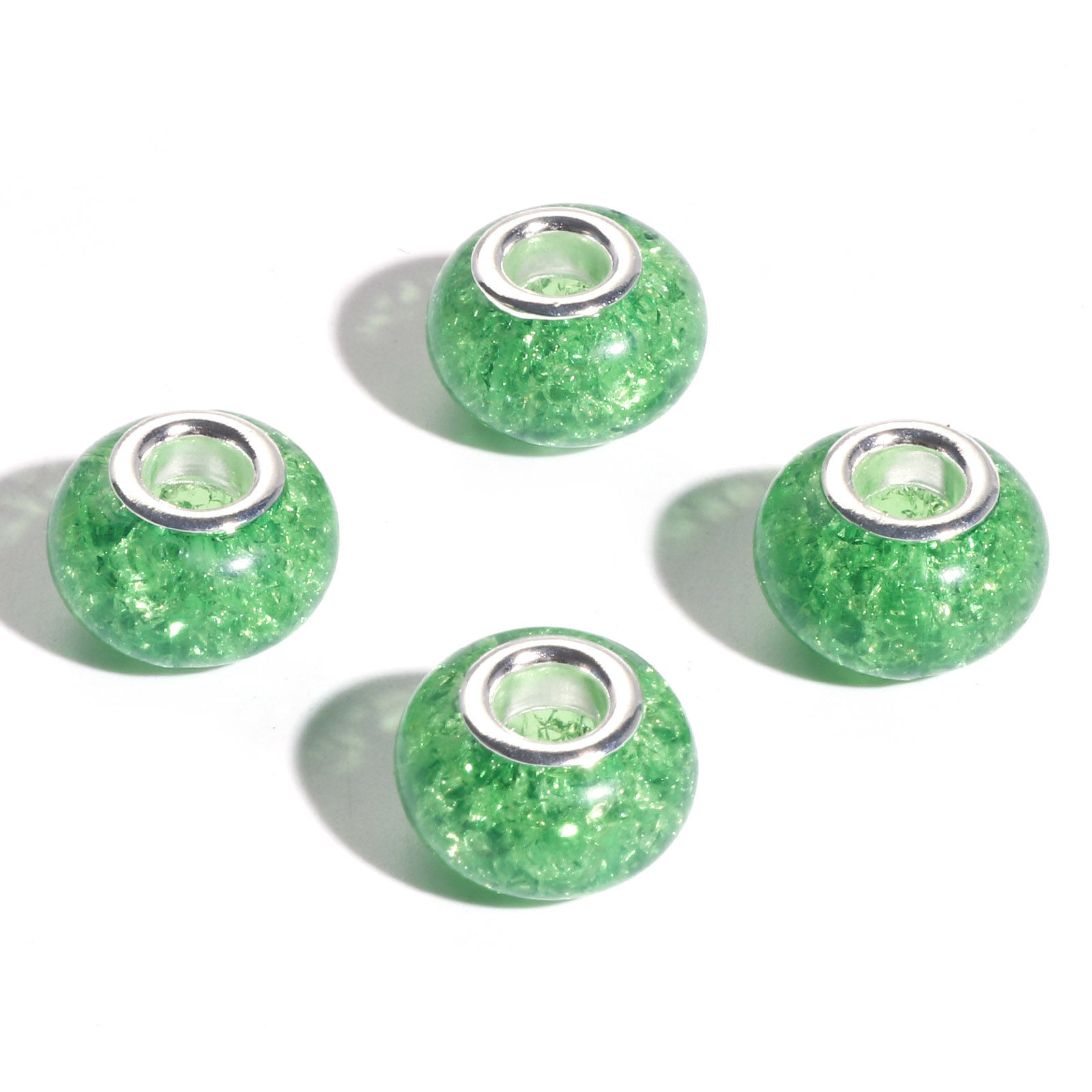 Picture of Resin European Style Large Hole Charm Beads Green Round Crackle 14mm Dia., Hole: Approx 4.6mm, 20 PCs