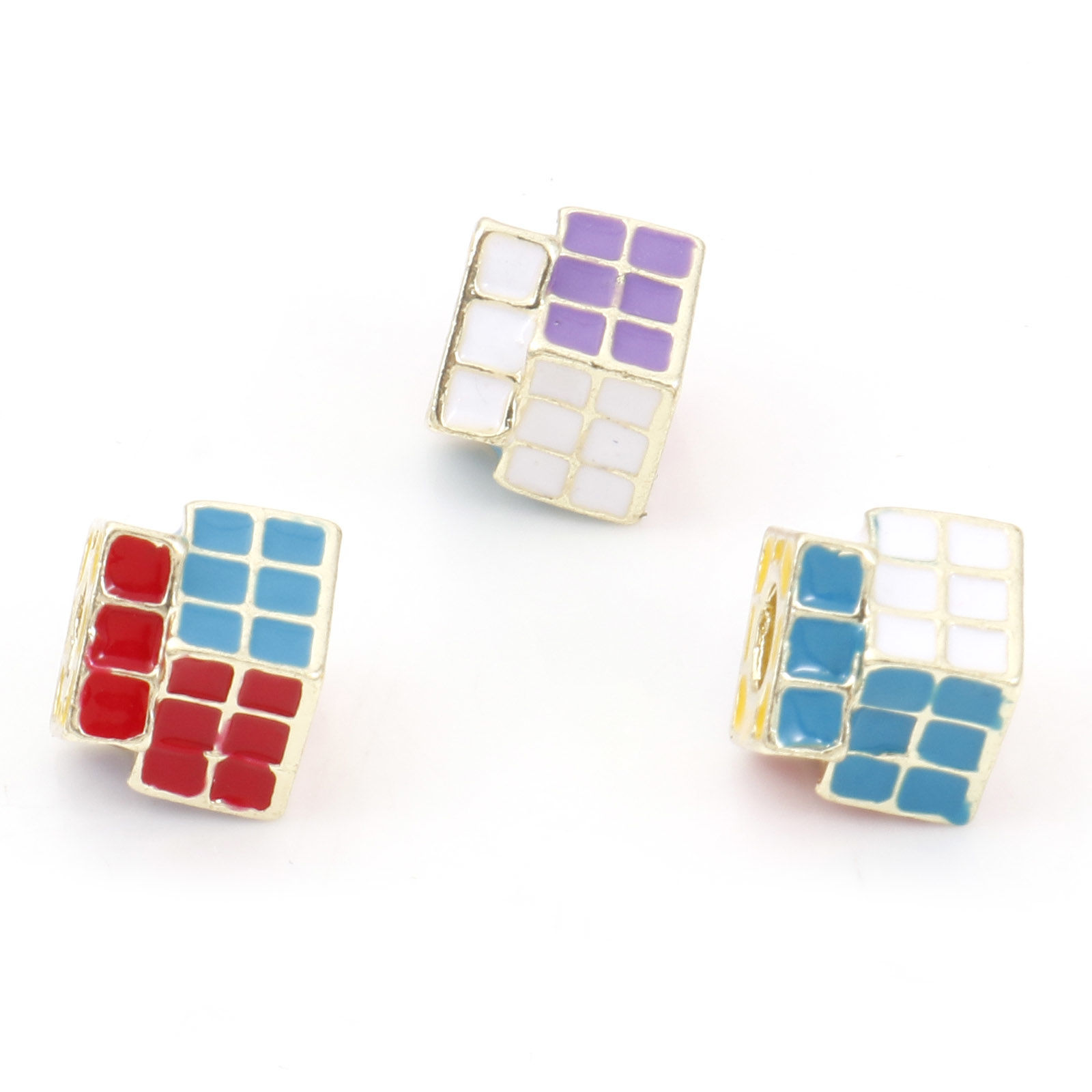 Picture of Zinc Based Alloy European Style Large Hole Charm Beads Gold Plated Rubik's Cube/ Magic Cube Enamel 13mm x 10mm, Hole: Approx 4.2mm, 5 PCs