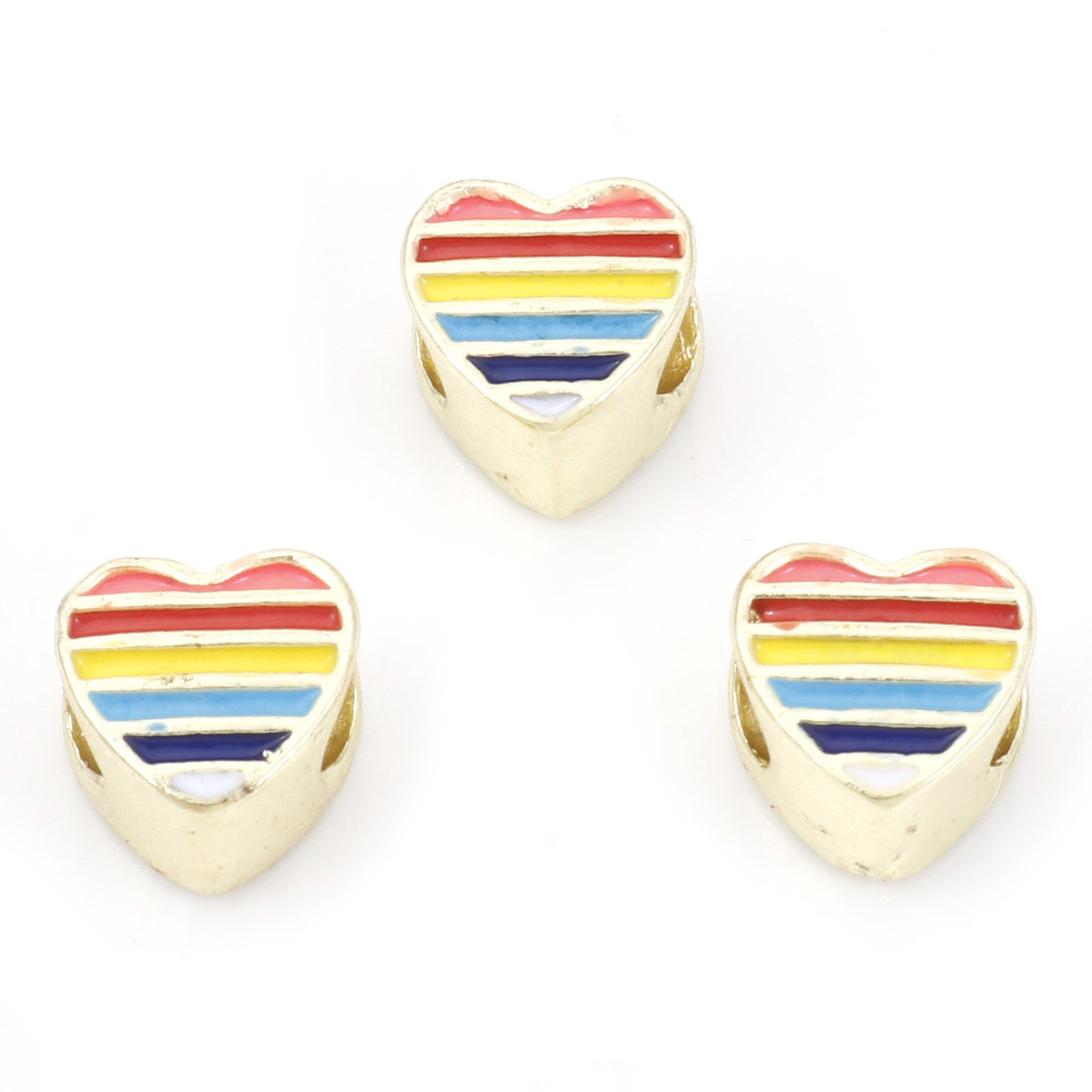 Picture of Zinc Based Alloy European Style Large Hole Charm Beads Gold Plated Heart Rainbow Enamel 10mm x 10mm, Hole: Approx 4mm, 5 PCs