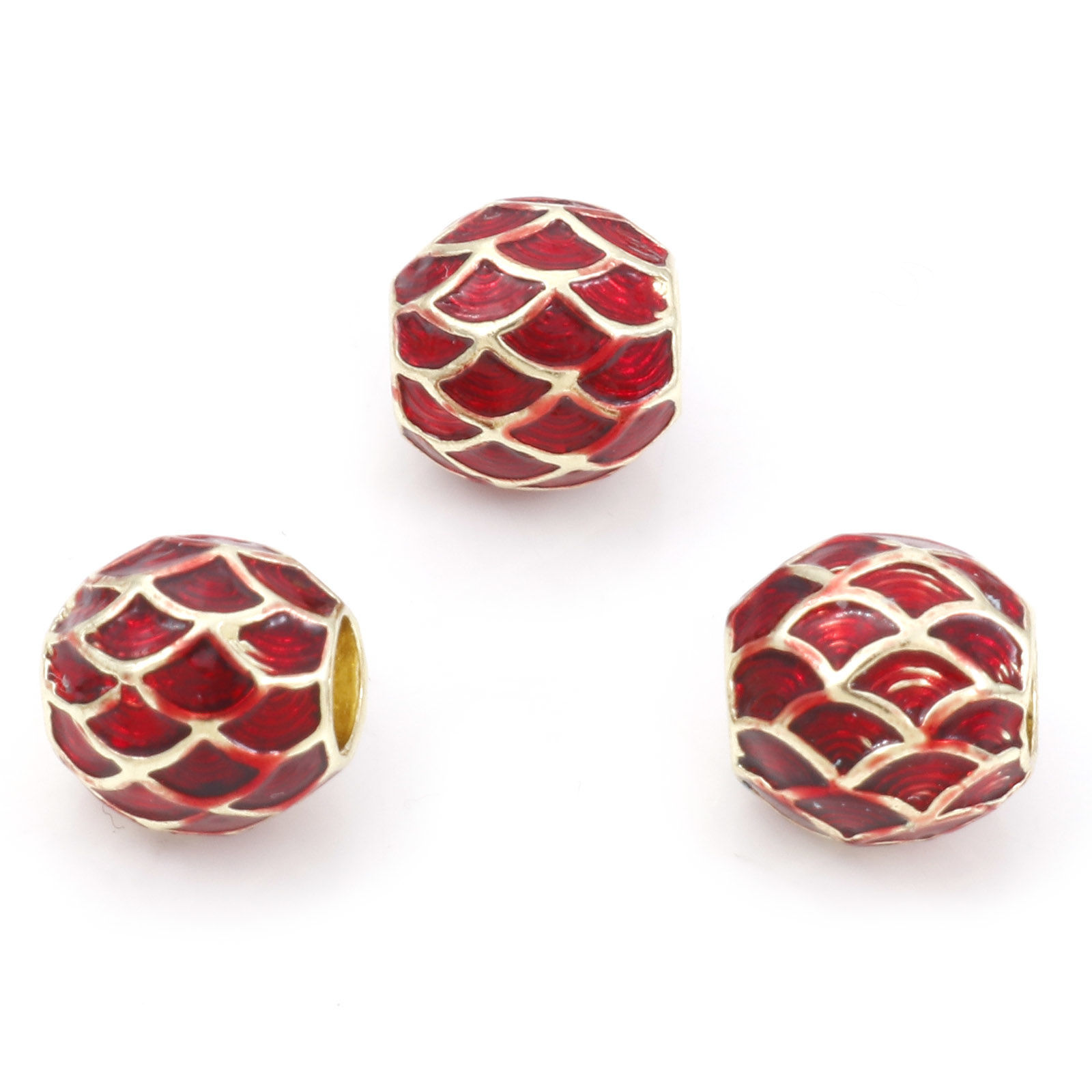 Picture of Zinc Based Alloy European Style Large Hole Charm Beads Gold Plated Barrel Fish Scale Enamel 10mm x 10mm, Hole: Approx 4mm, 5 PCs
